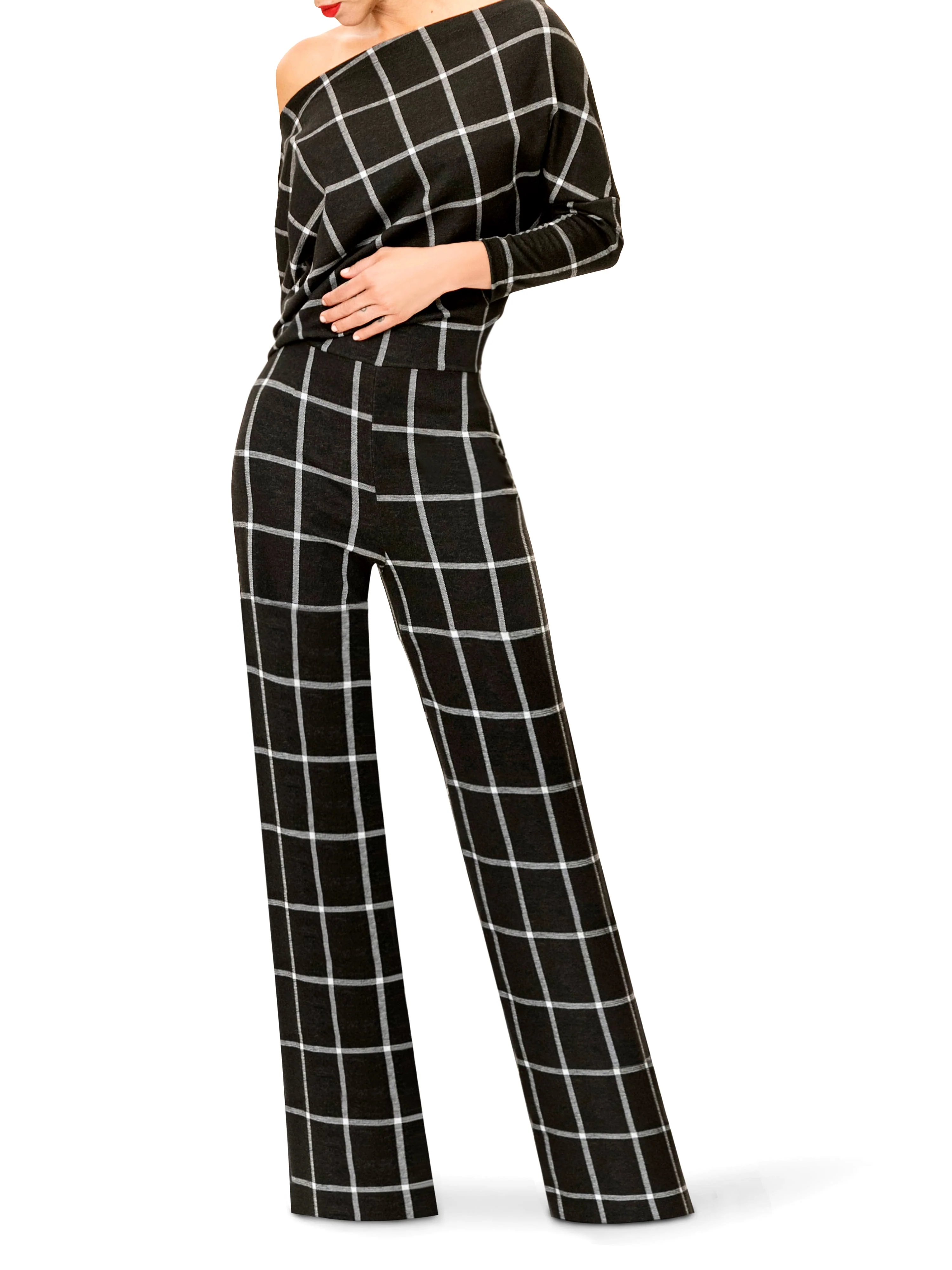 "Pam" Off Shoulder Window Pane Jumpsuit - Image 2