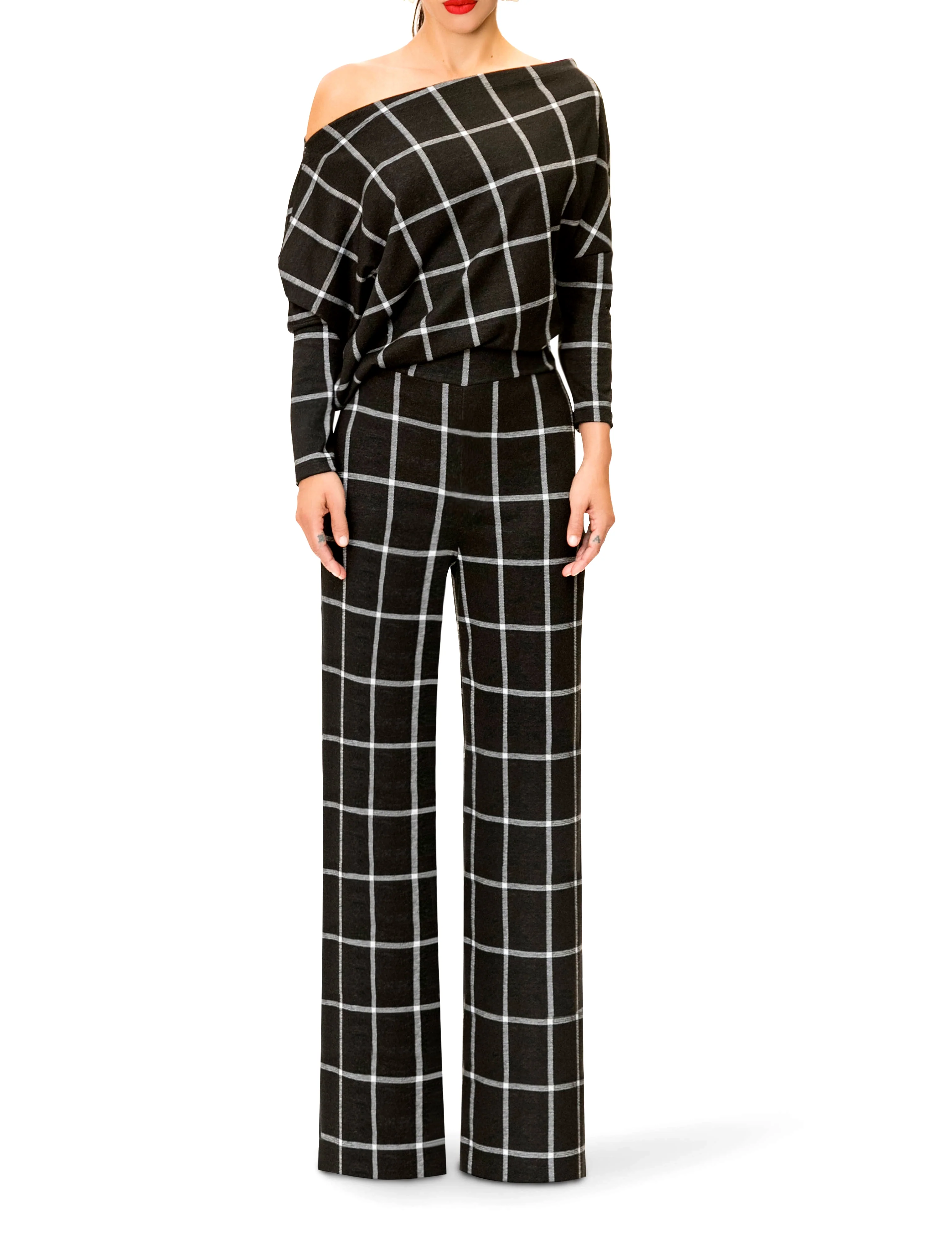 "Pam" Off Shoulder Window Pane Jumpsuit - Image 3