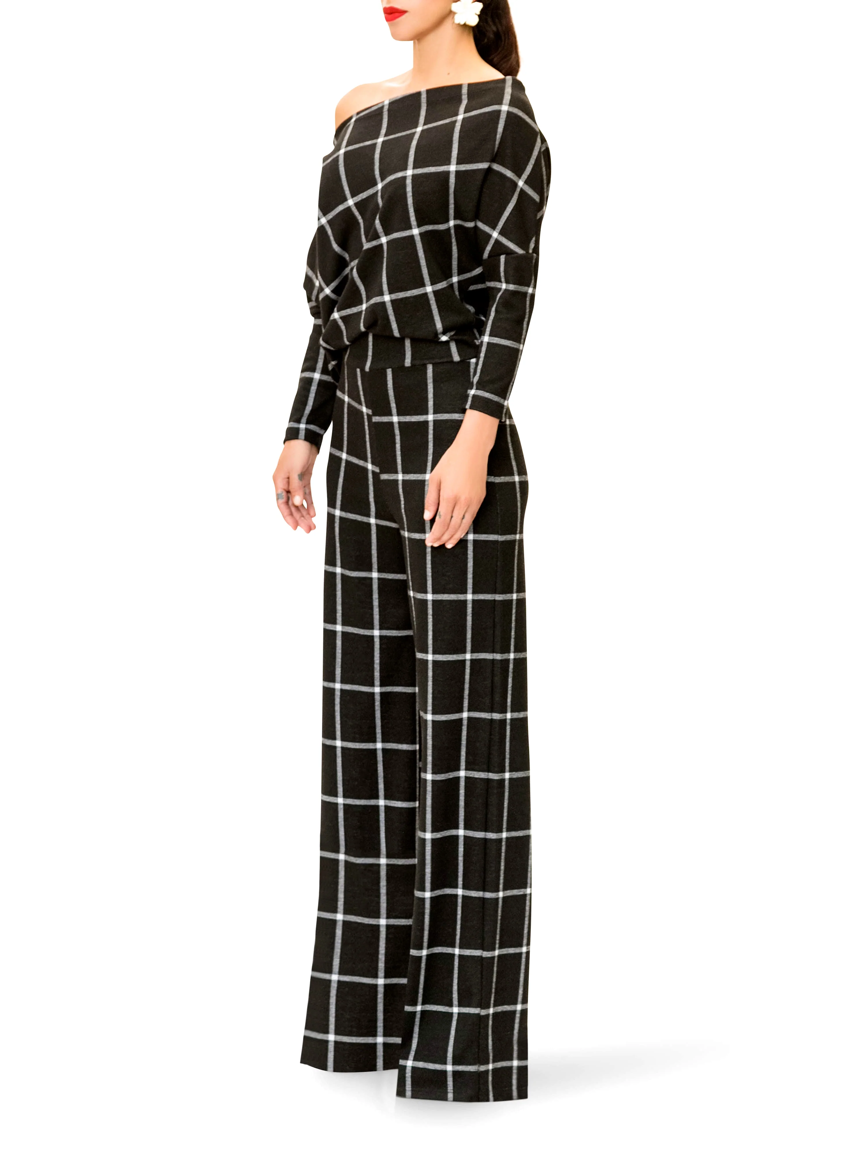 "Pam" Off Shoulder Window Pane Jumpsuit - Image 4