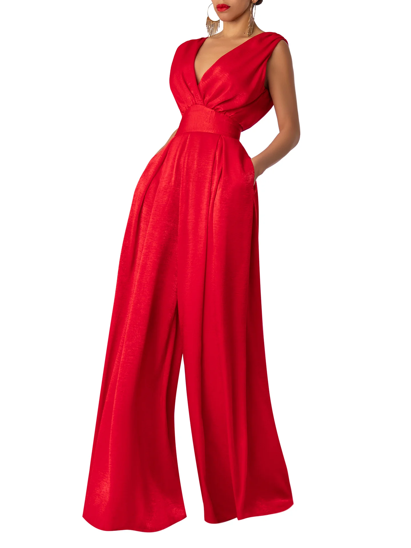 “Paola” Red Ruched Jumpsuit - Image 3