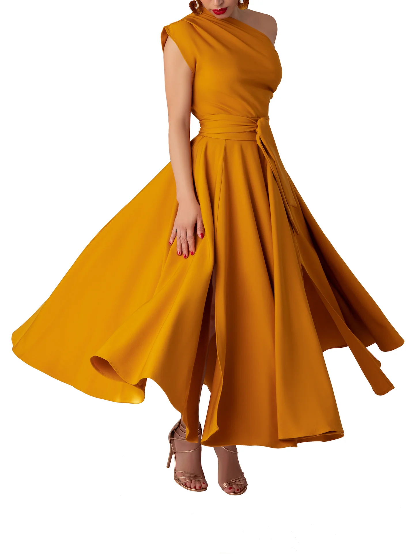 "Papaya" Mustard One-Shoulder Dress - Image 3