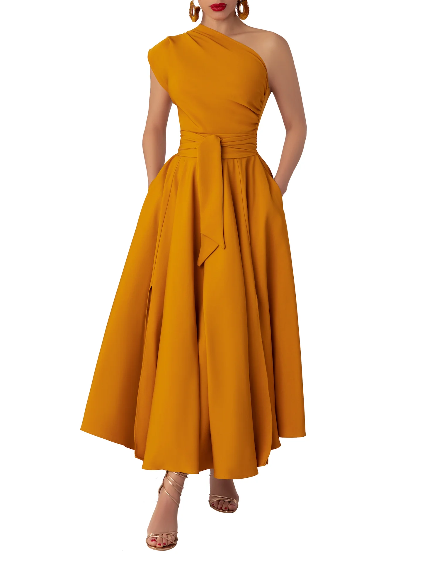 "Papaya" Mustard One-Shoulder Dress - Image 4