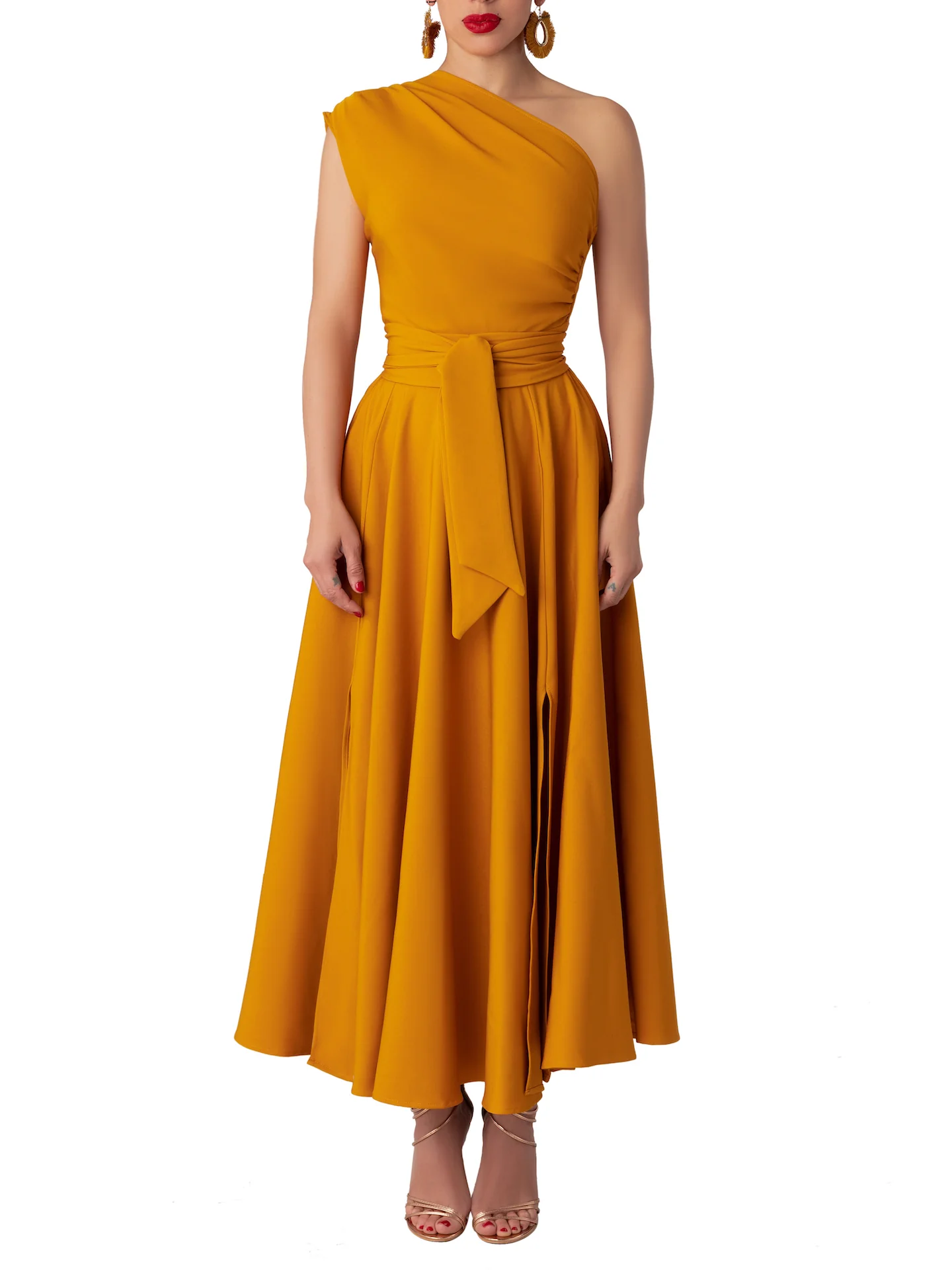 "Papaya" Mustard One-Shoulder Dress - Image 5