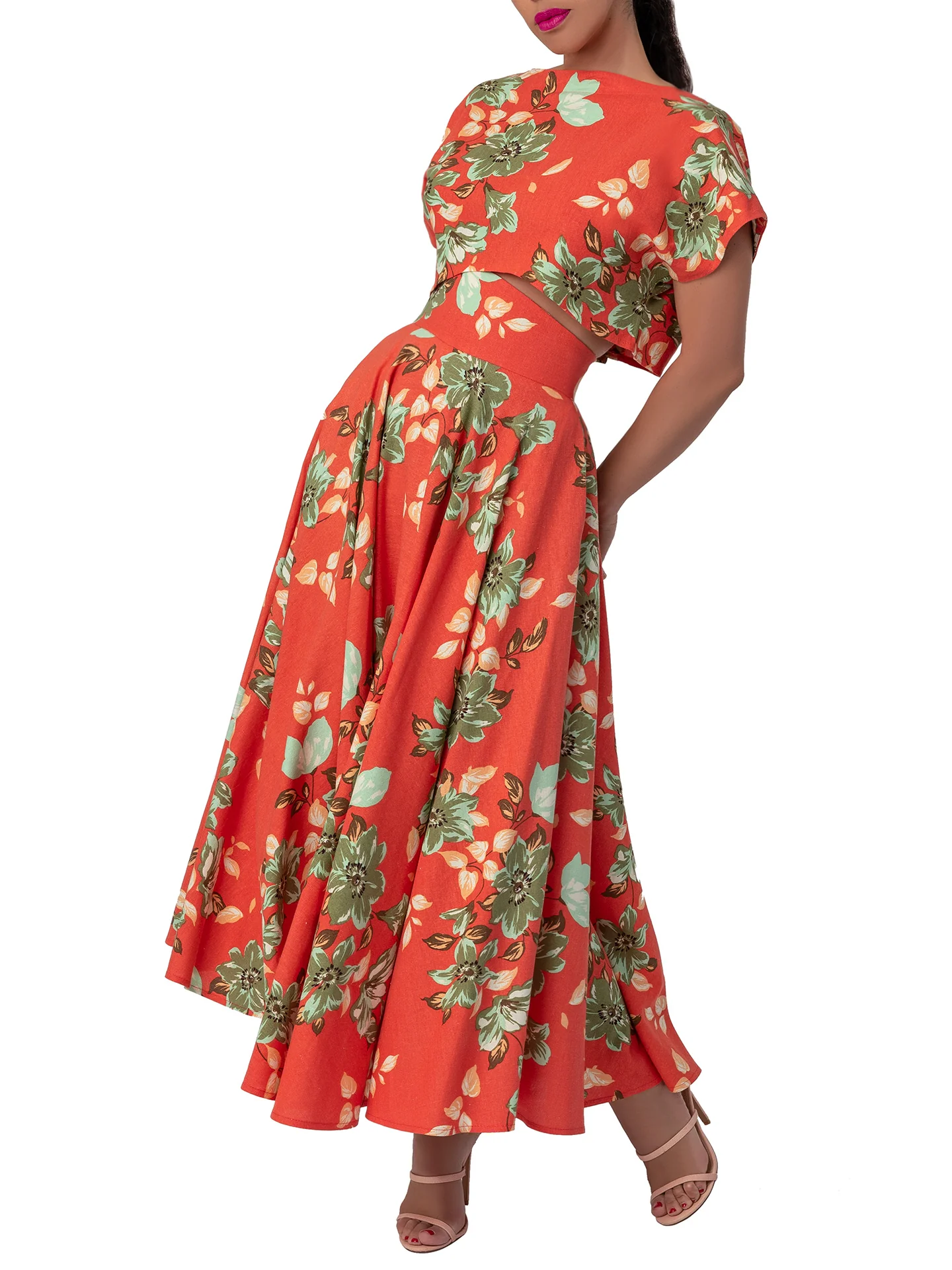 "Paradise" Coral Floral Button-Back Crop Top - Image 2