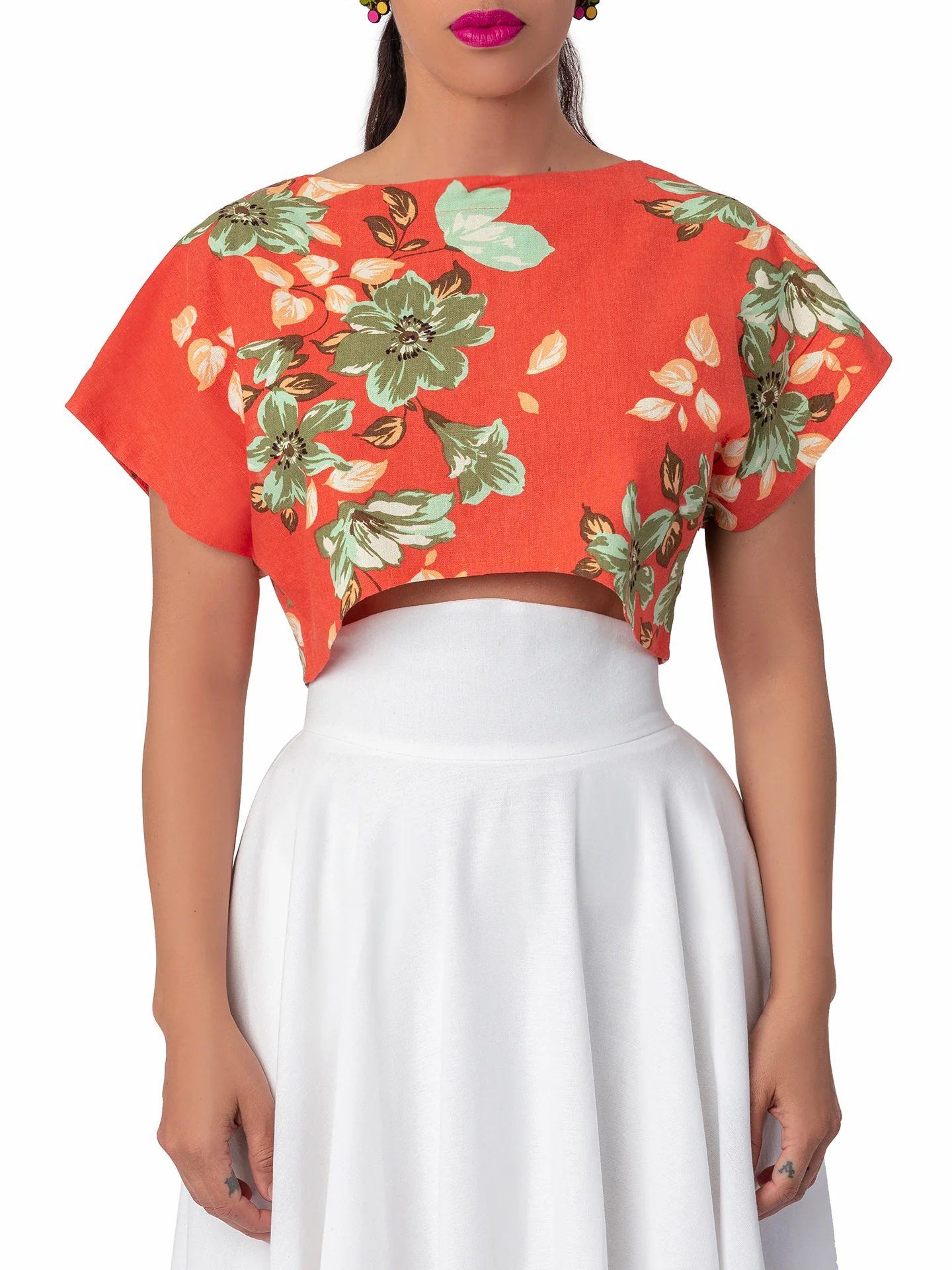 "Paradise" Coral Floral Button-Back Crop Top - Image 3