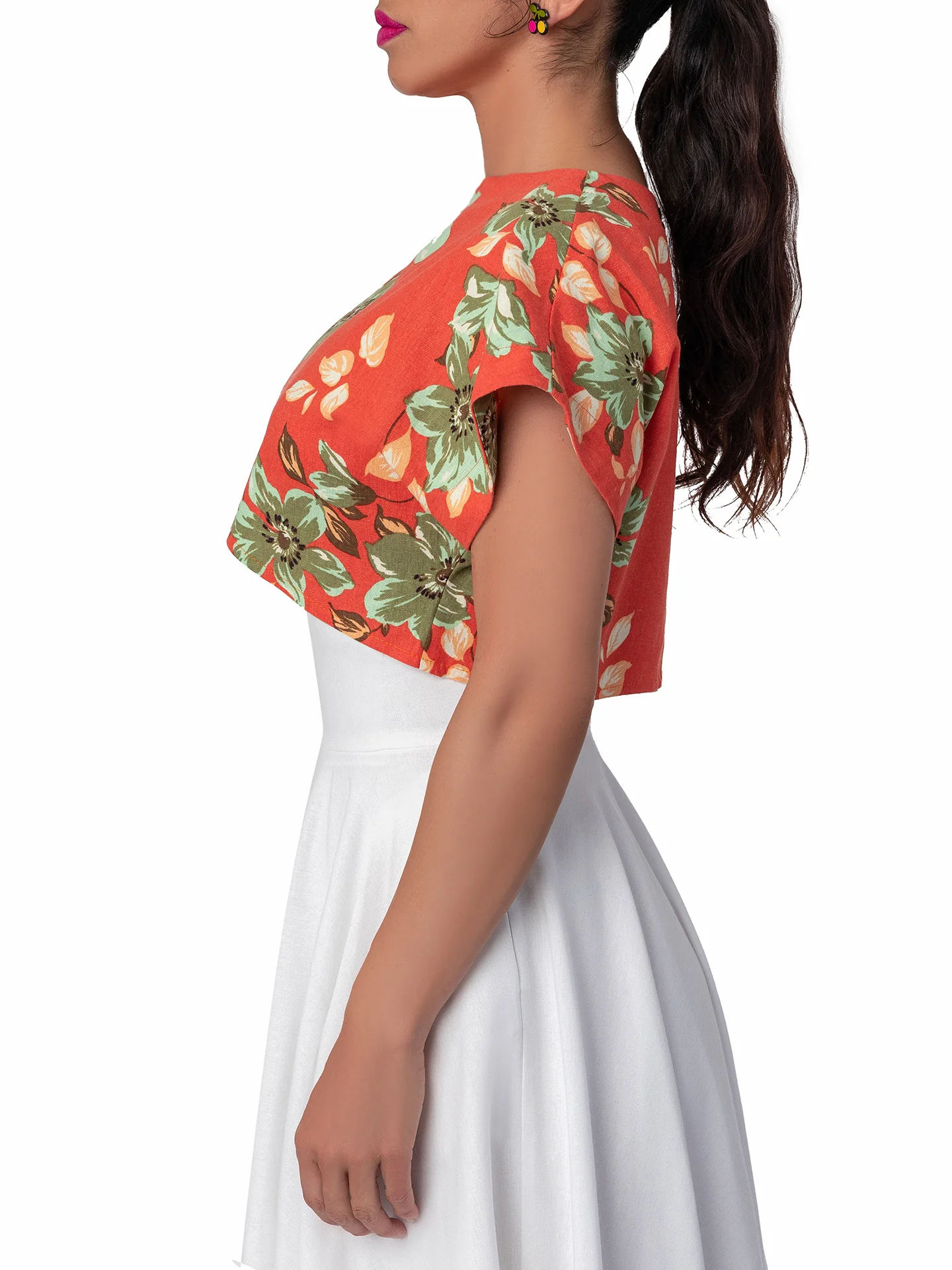 "Paradise" Coral Floral Button-Back Crop Top - Image 4