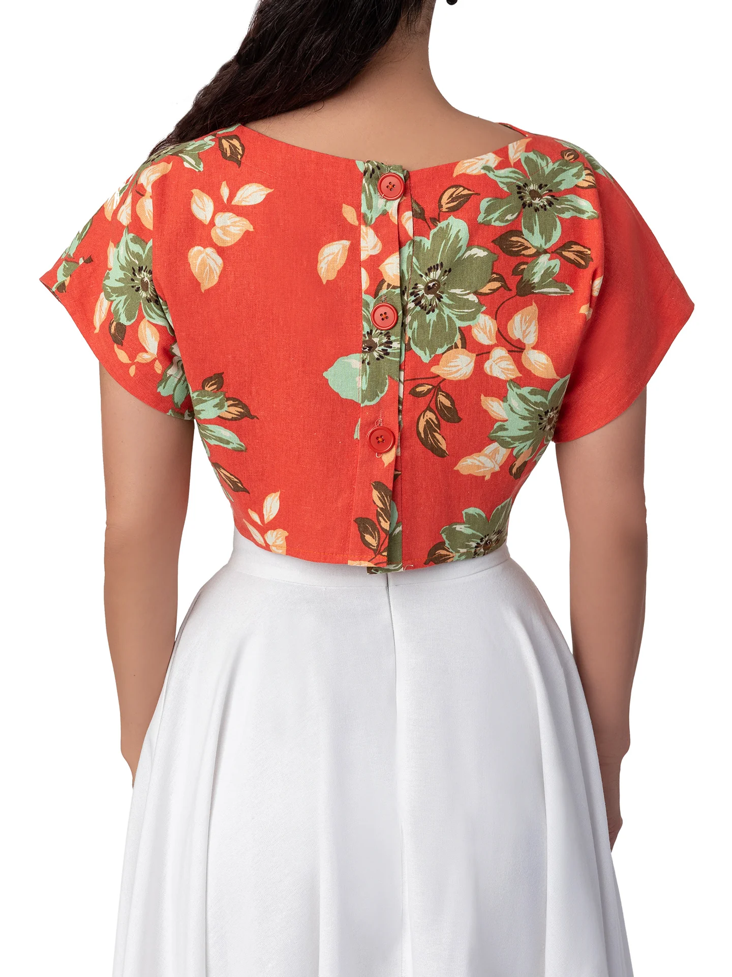 "Paradise" Coral Floral Button-Back Crop Top - Image 5
