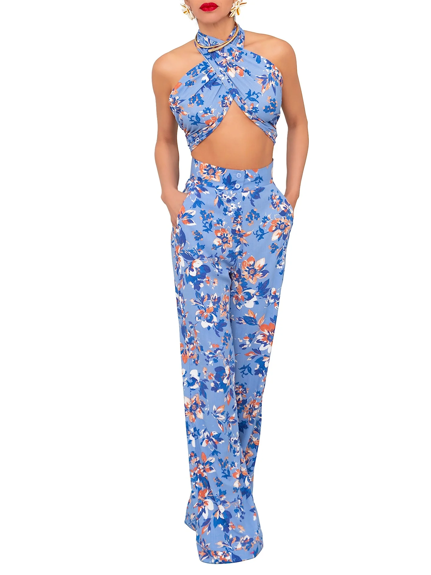 “Pascal” Blue Floral High Waist Wide Leg - Image 3