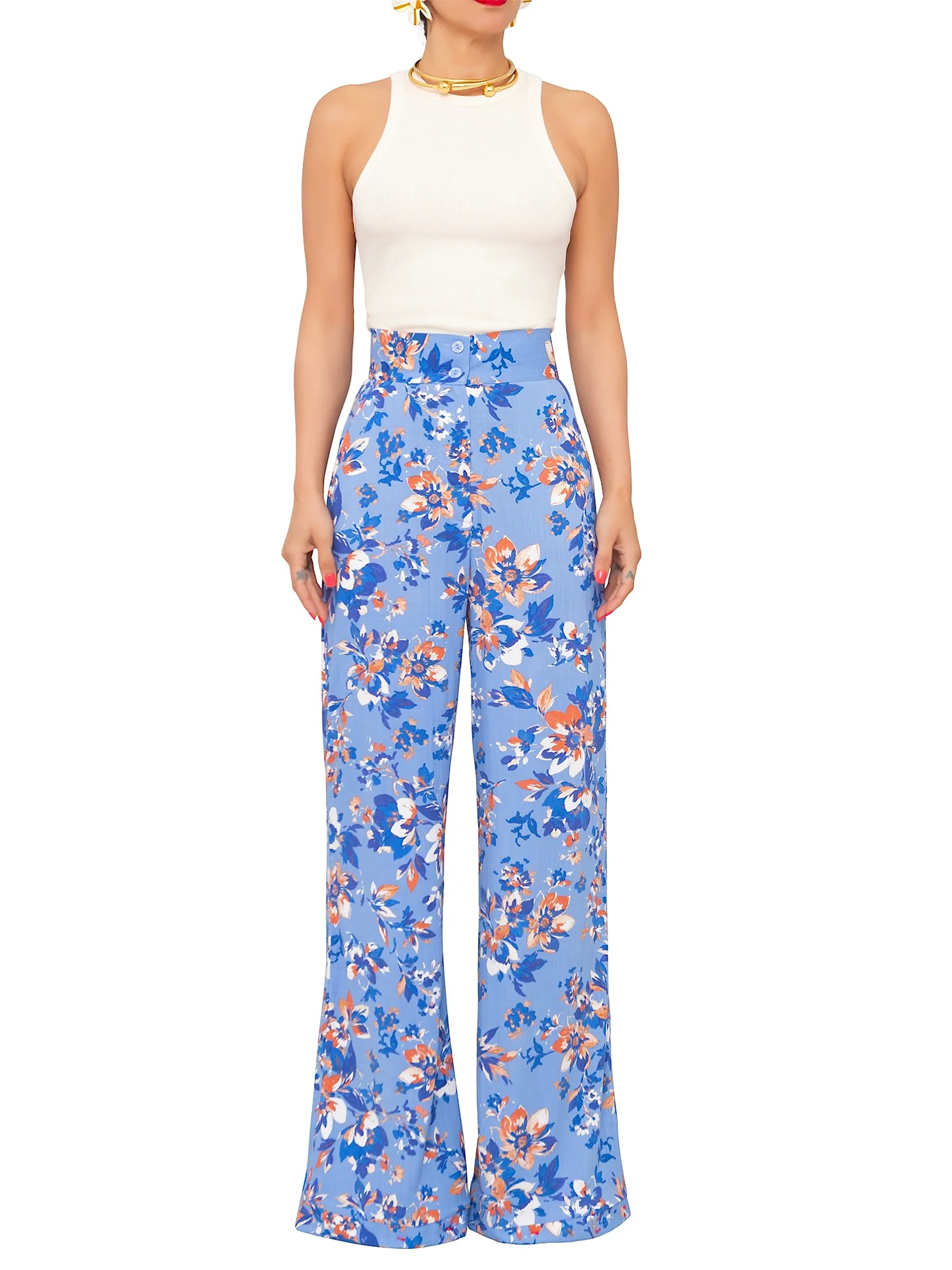 “Pascal” Blue Floral High Waist Wide Leg - Image 4