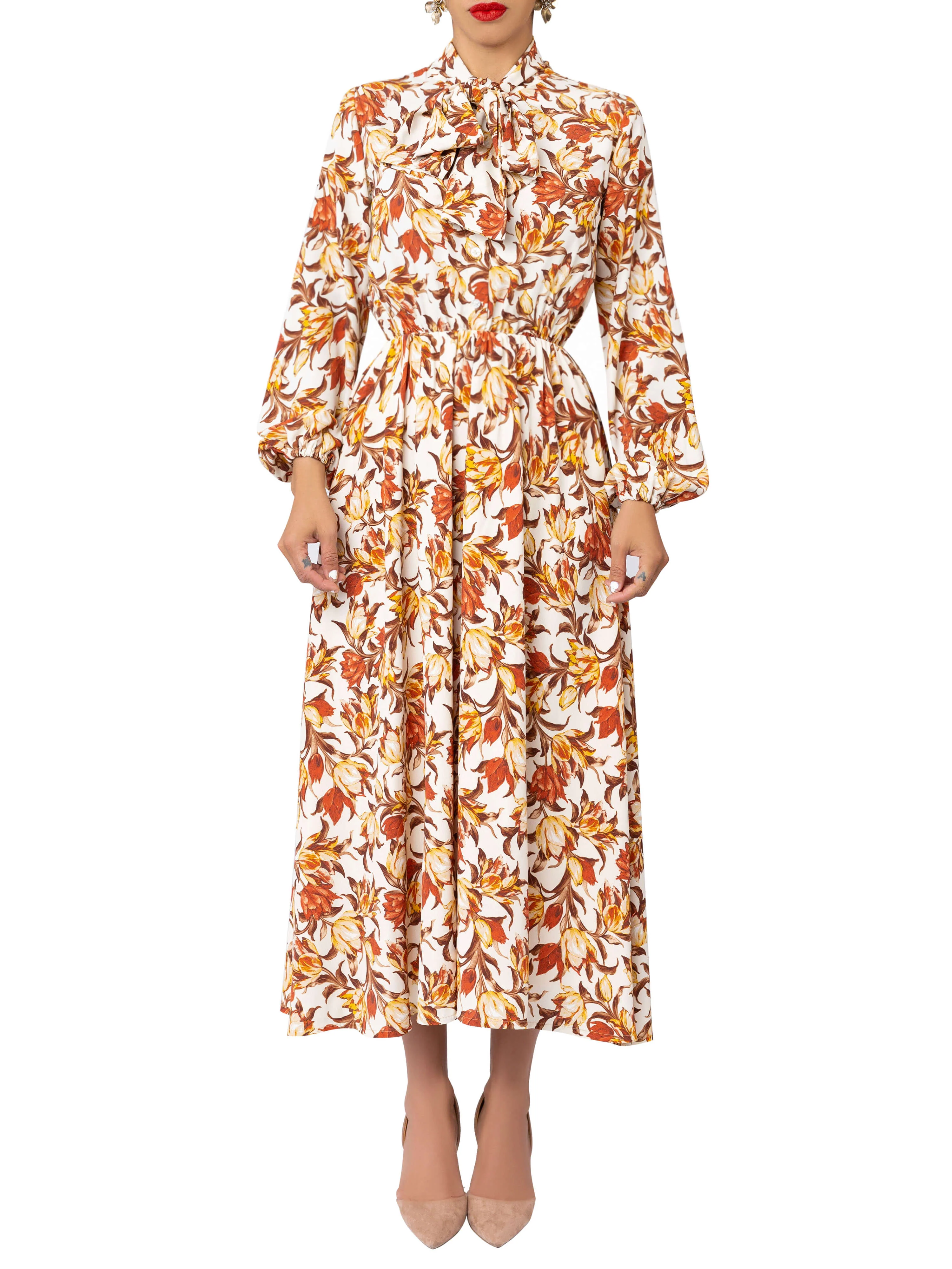 "Peaches" Floral Pussybow Midi Dress - Image 3
