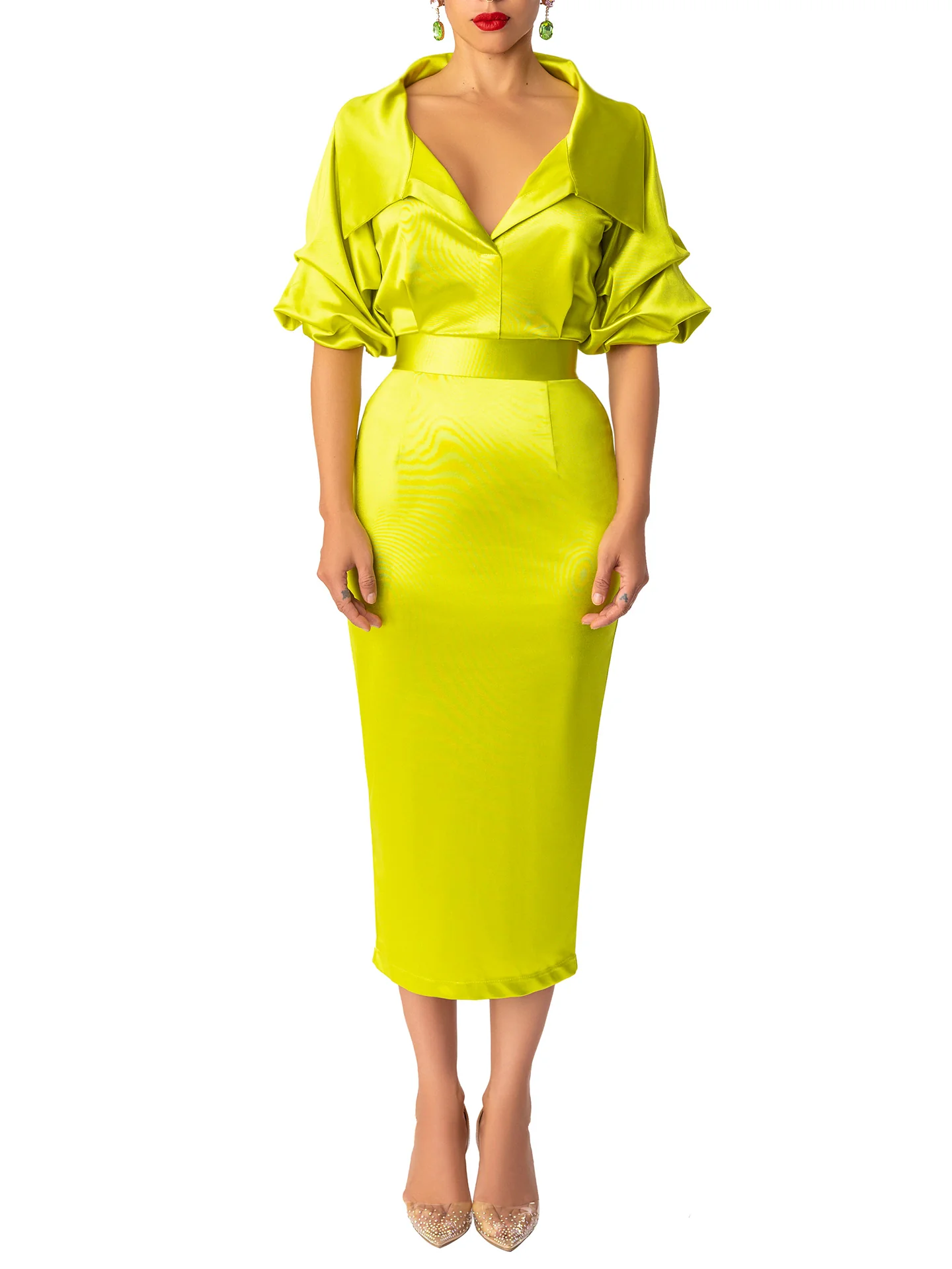 "Peridot" Chartreuse Midi Off Shoulder Dress - Image 3