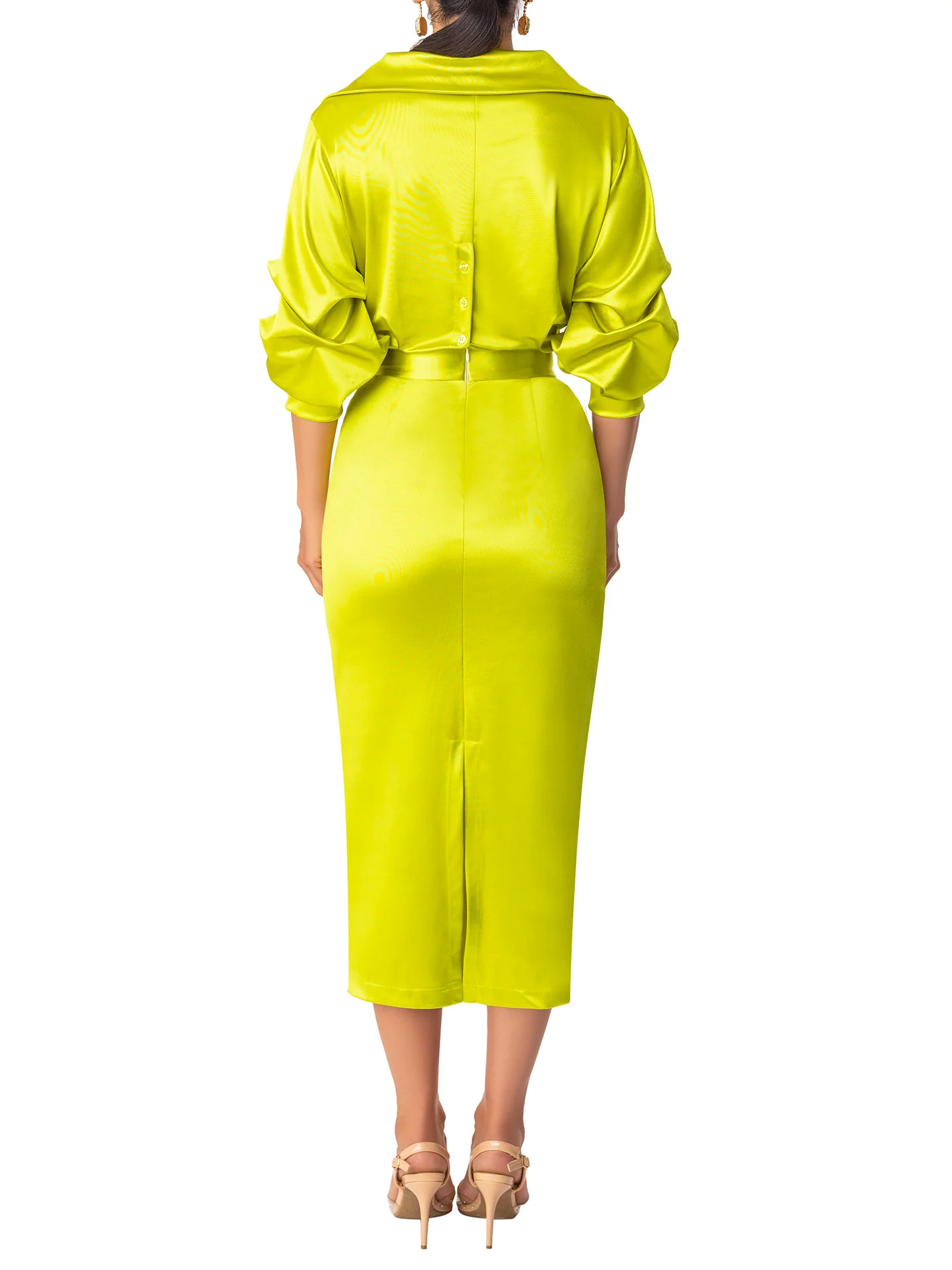 "Peridot" Chartreuse Midi Off Shoulder Dress - Image 5