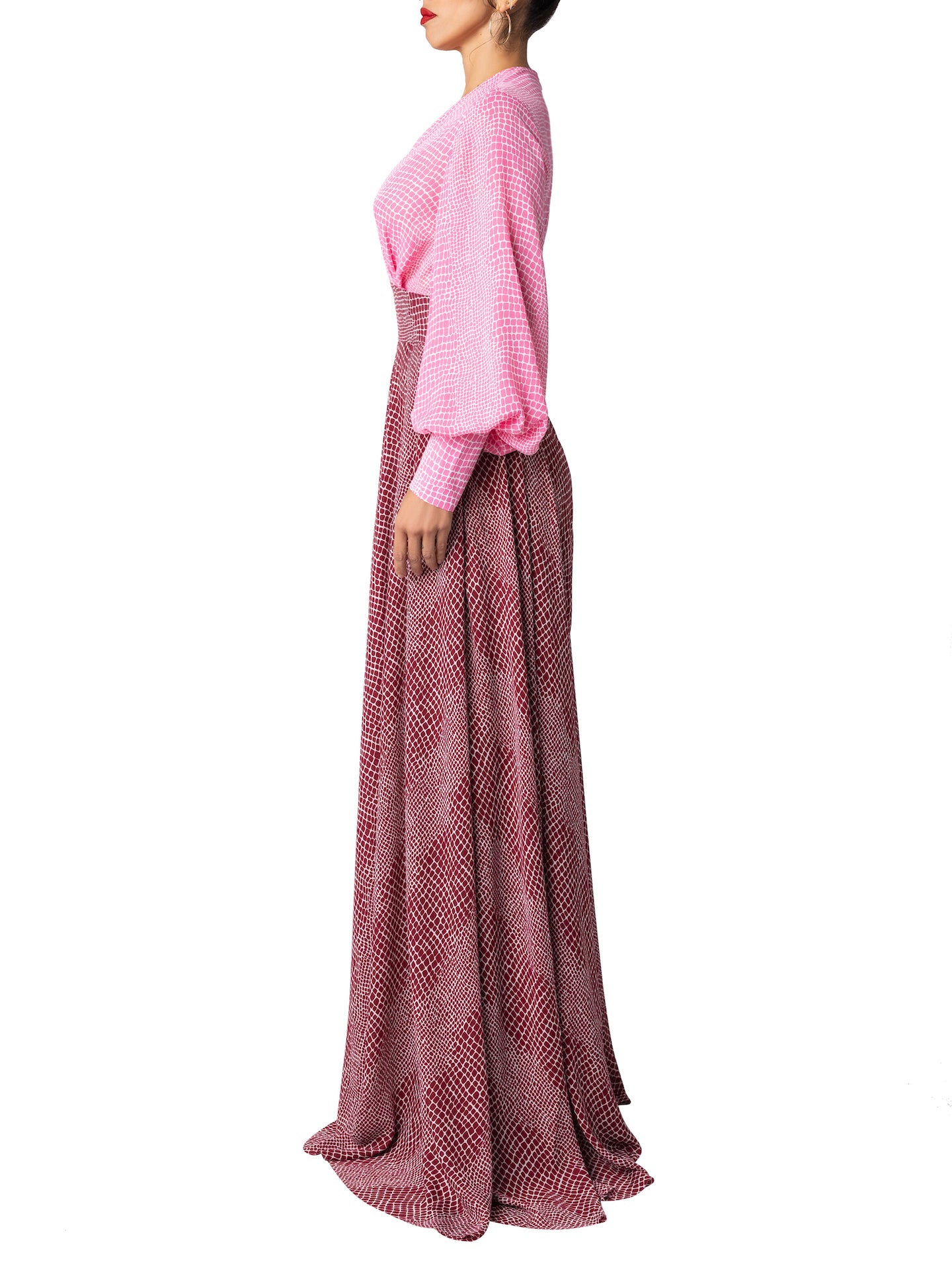 “Perla” Pink-Burgundy Bishop Sleeve Dress - Image 5