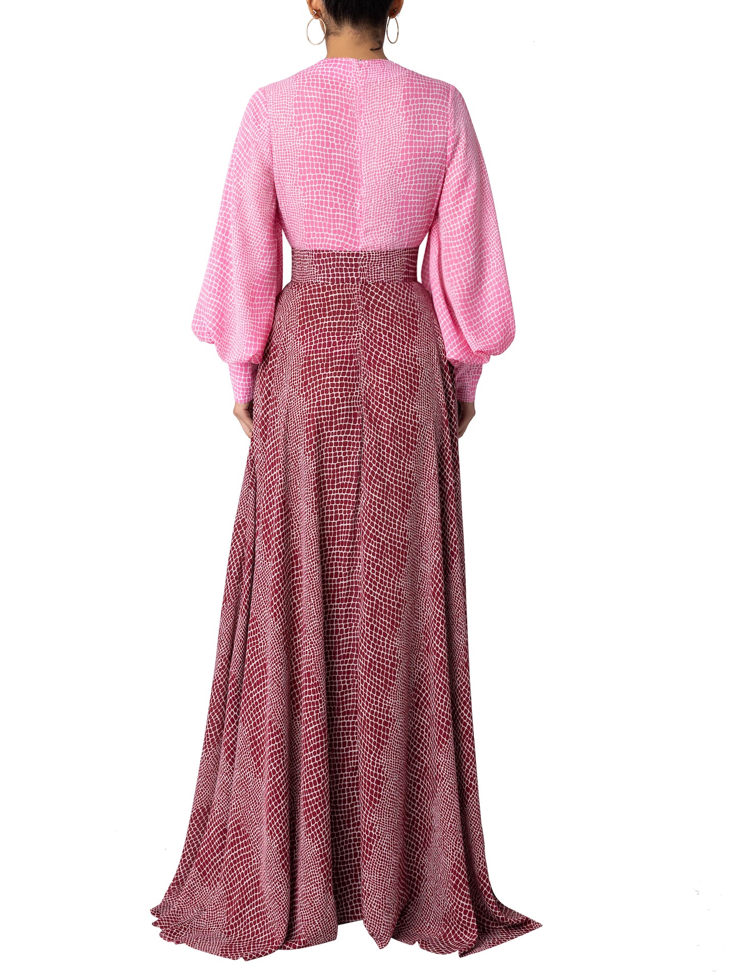 “Perla” Pink-Burgundy Bishop Sleeve Dress - Image 6