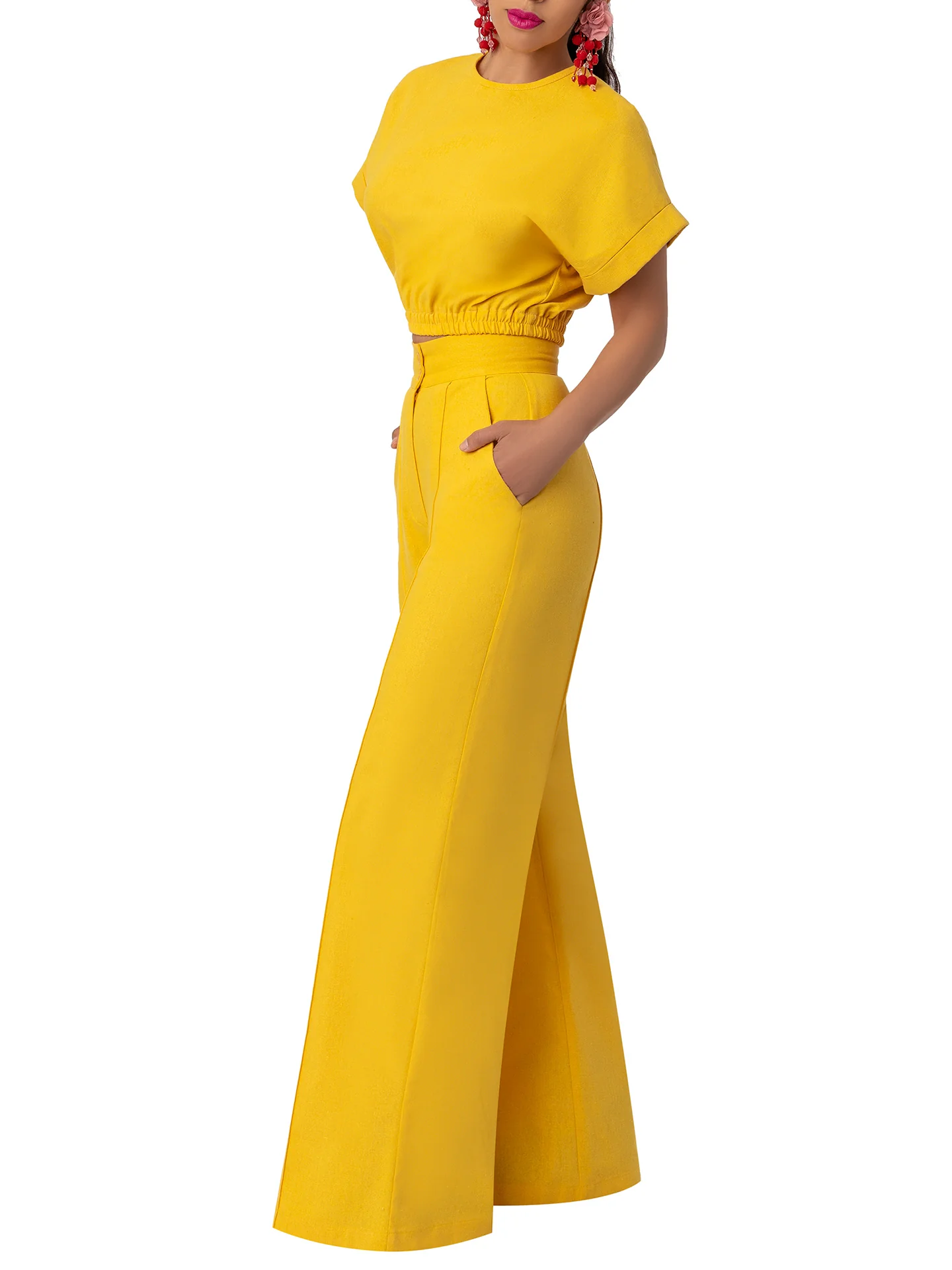 "Piña Colada" Yellow Linen High Waisted Pants - Image 2