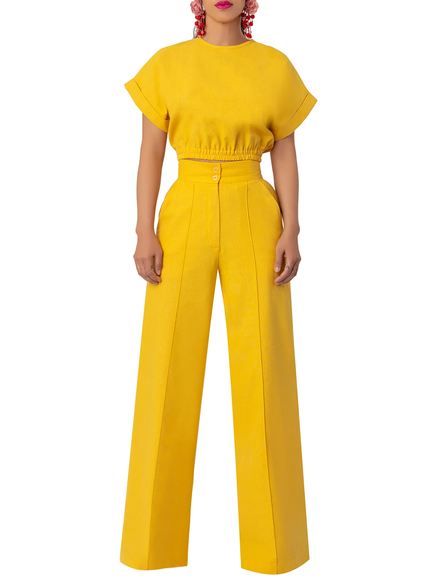 "Piña Colada" Yellow Linen High Waisted Pants - Image 3