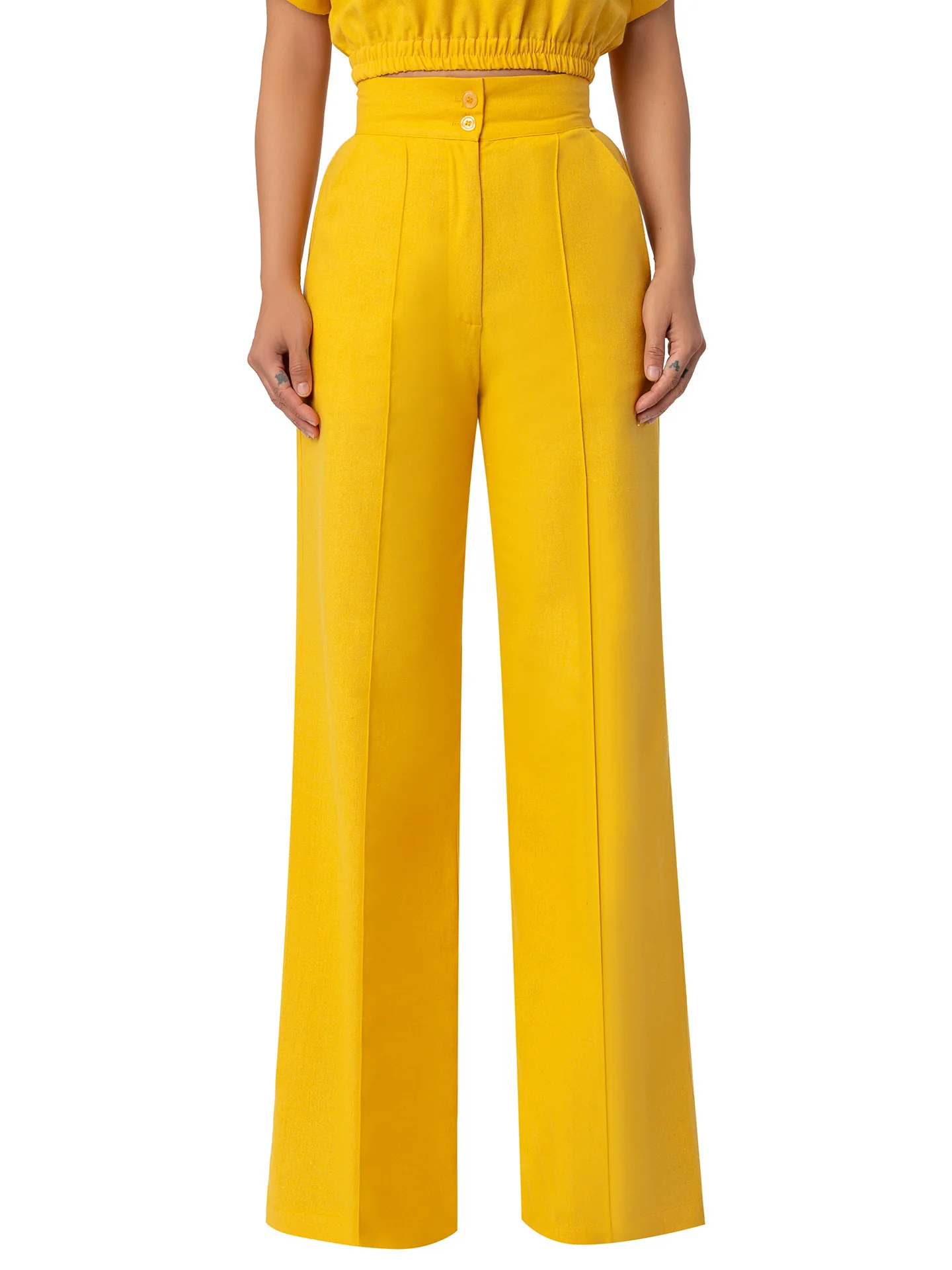 "Piña Colada" Yellow Linen High Waisted Pants - Image 4