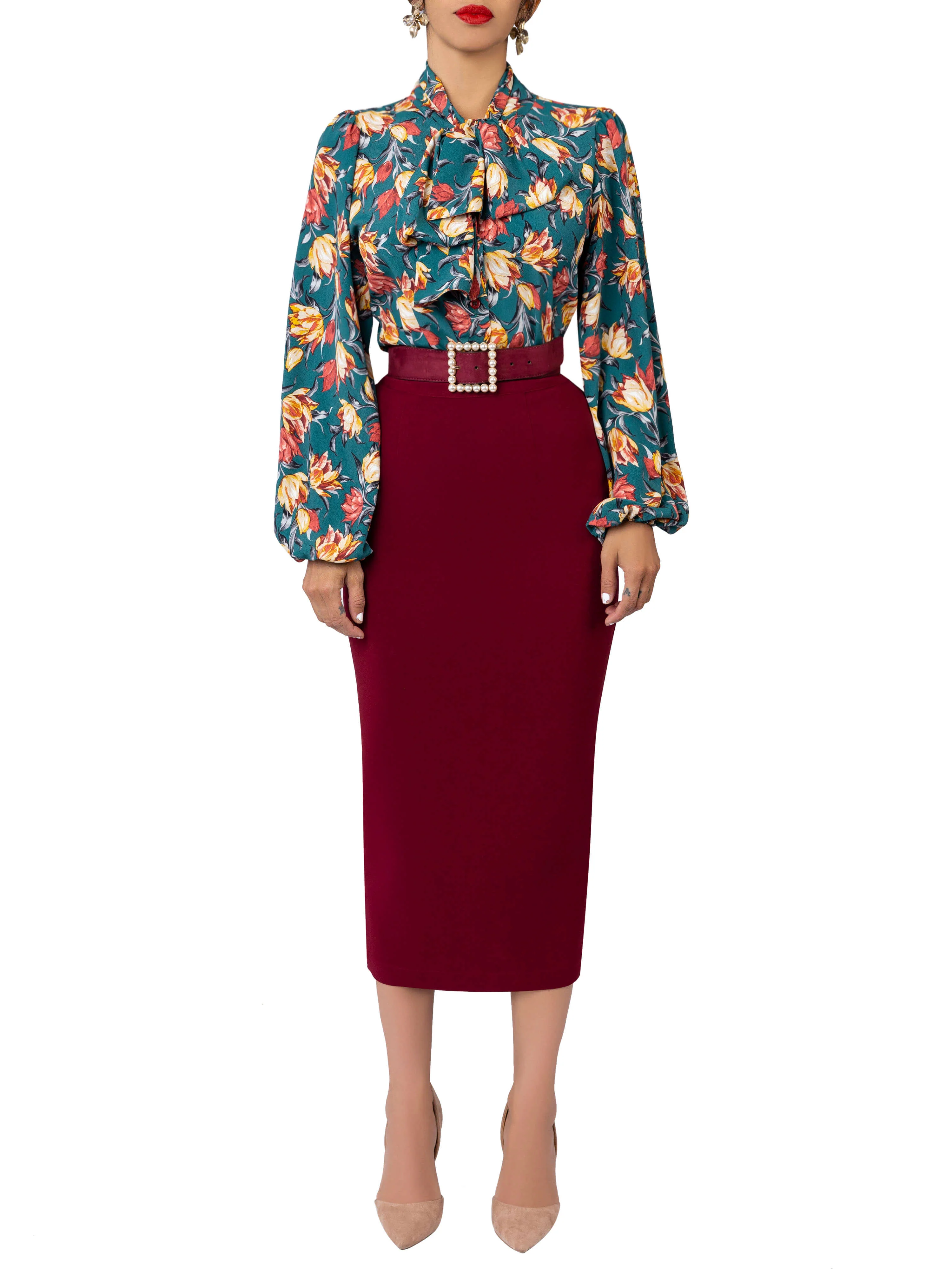 "Pomegranate" Burgundy Pencil Midi Skirt - Image 3