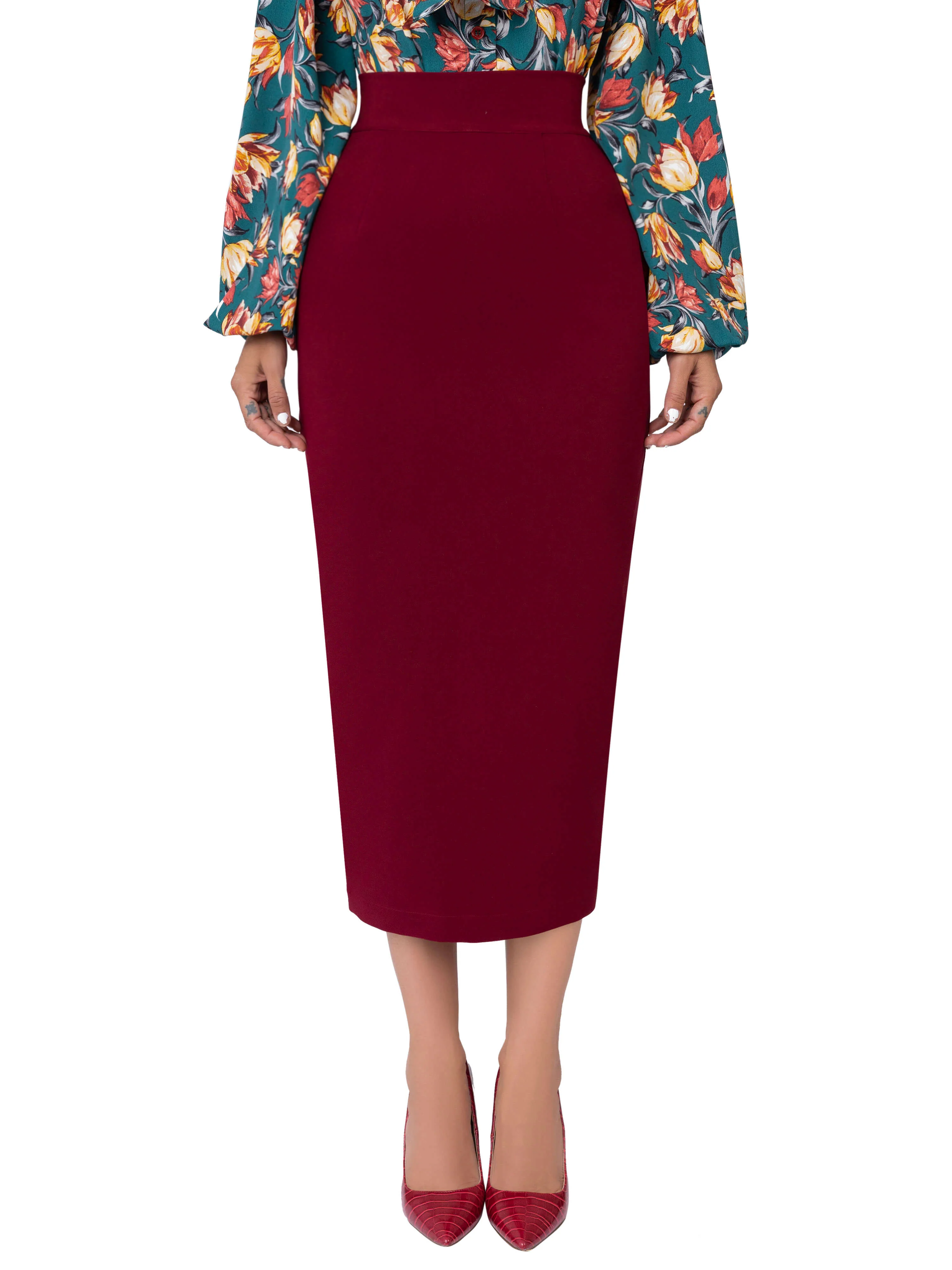 "Pomegranate" Burgundy Pencil Midi Skirt - Image 4
