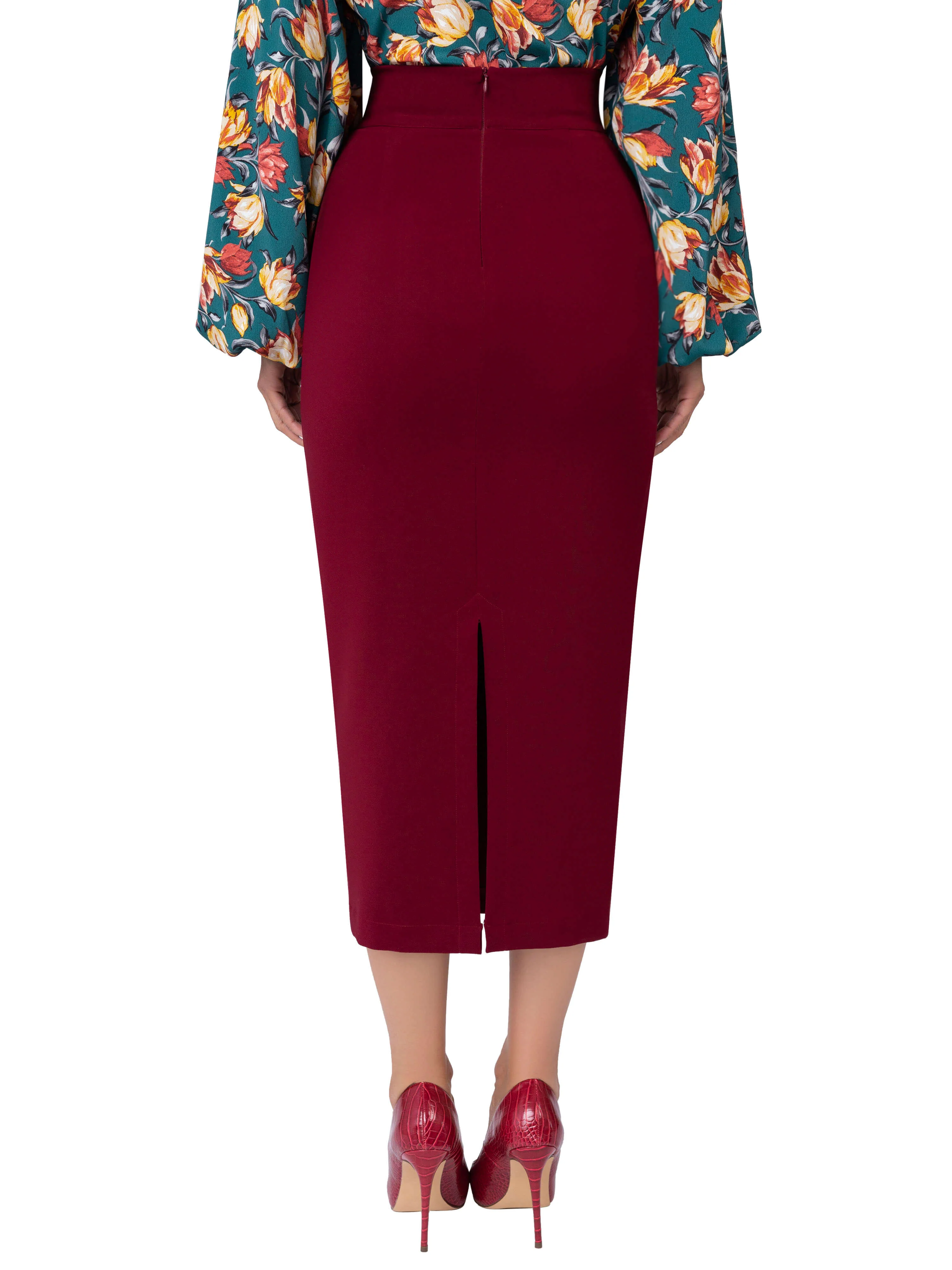 "Pomegranate" Burgundy Pencil Midi Skirt - Image 6