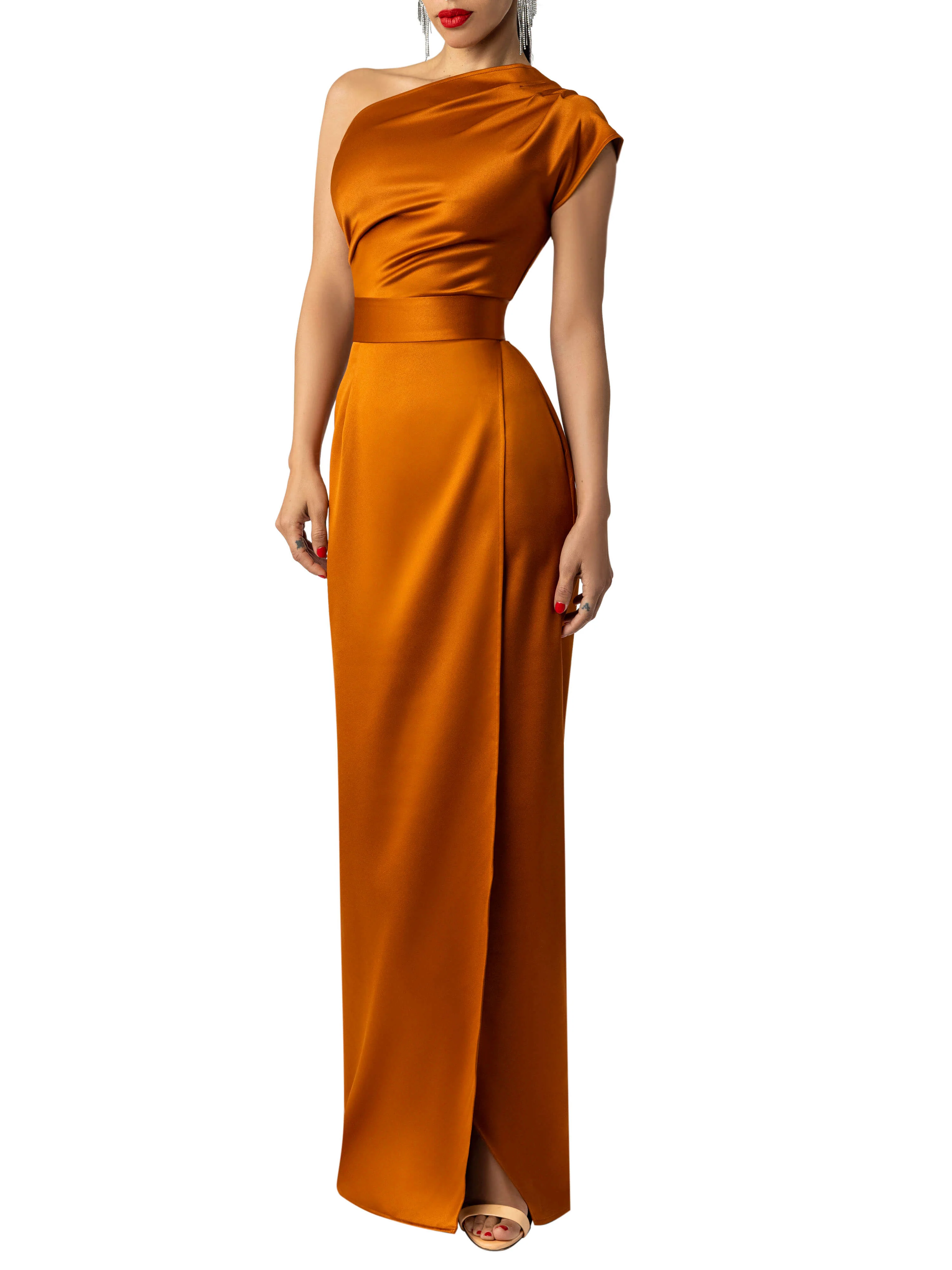 "Reyna" Cognac One Shoulder Maxi Dress - Image 3