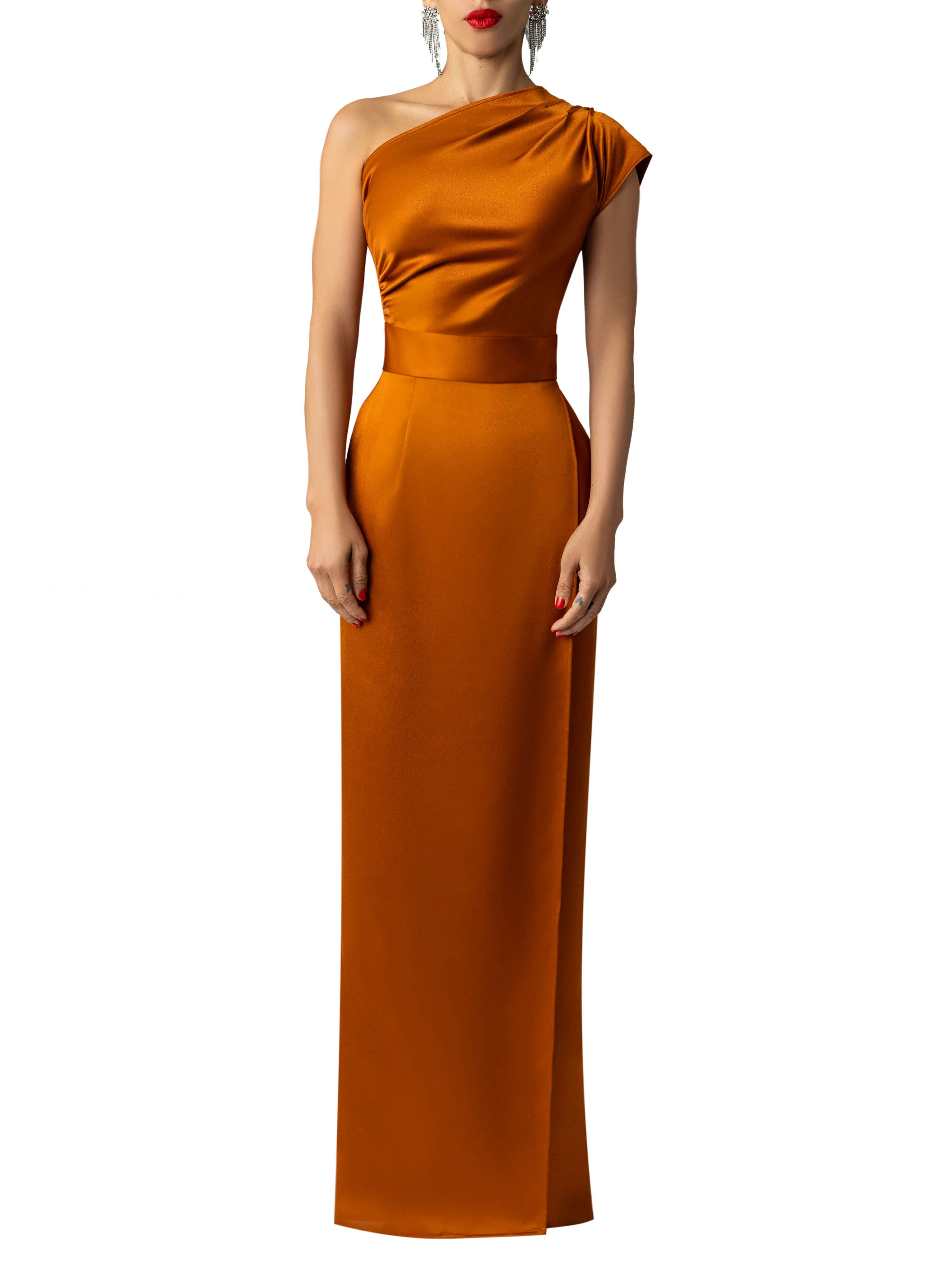 "Reyna" Cognac One Shoulder Maxi Dress - Image 4