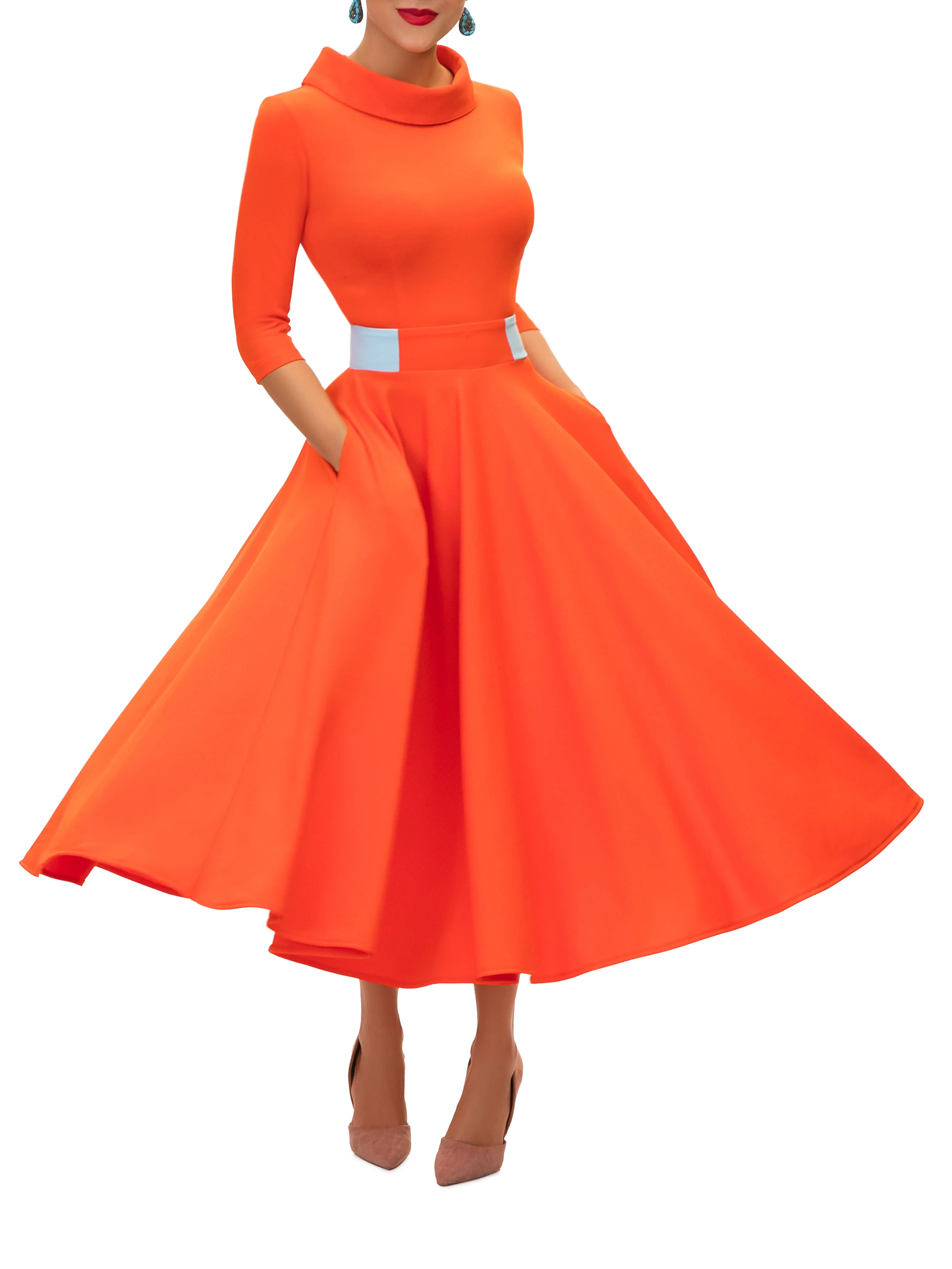 "Rosalyn" Orange/Blue Contrast Waist Swing Dress