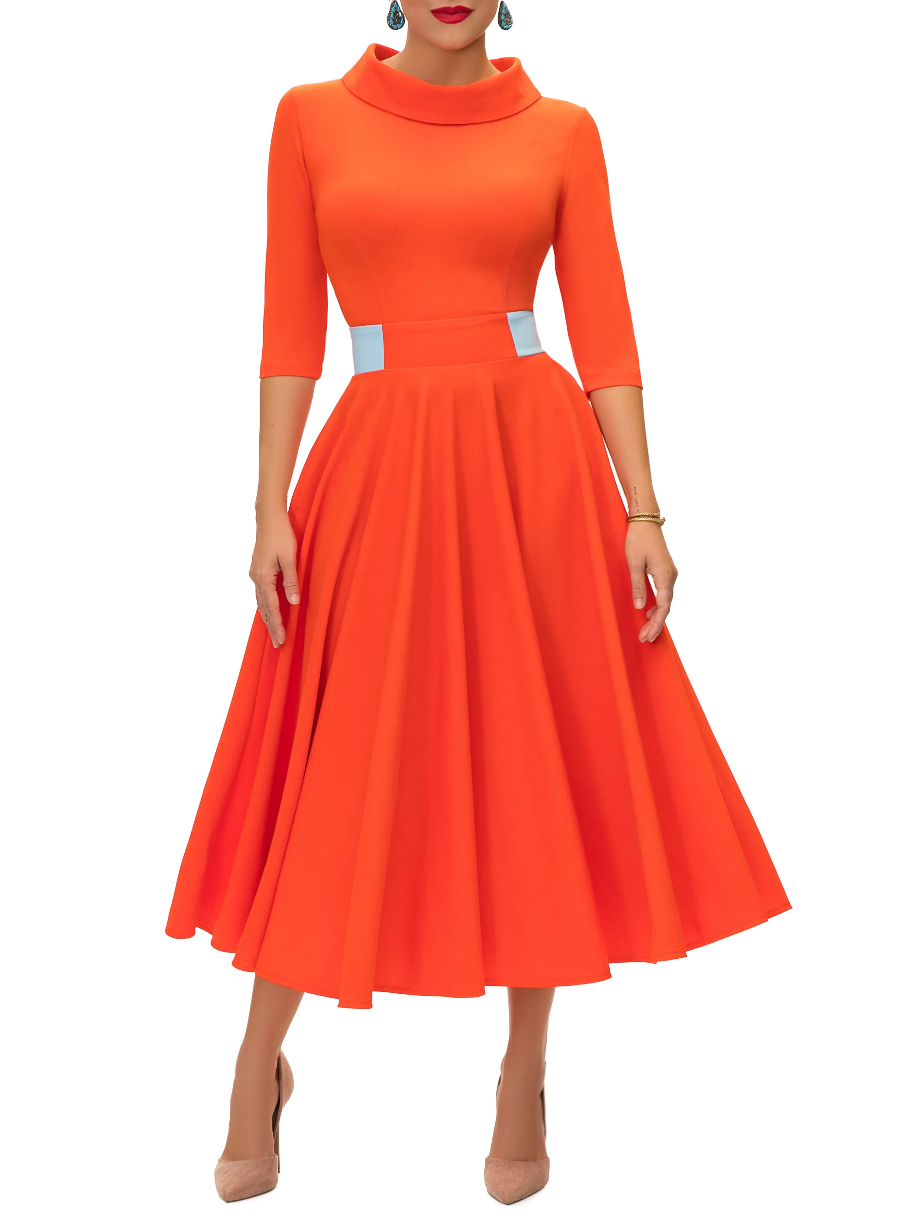 "Rosalyn" Orange/Blue Contrast Waist Swing Dress - Image 2