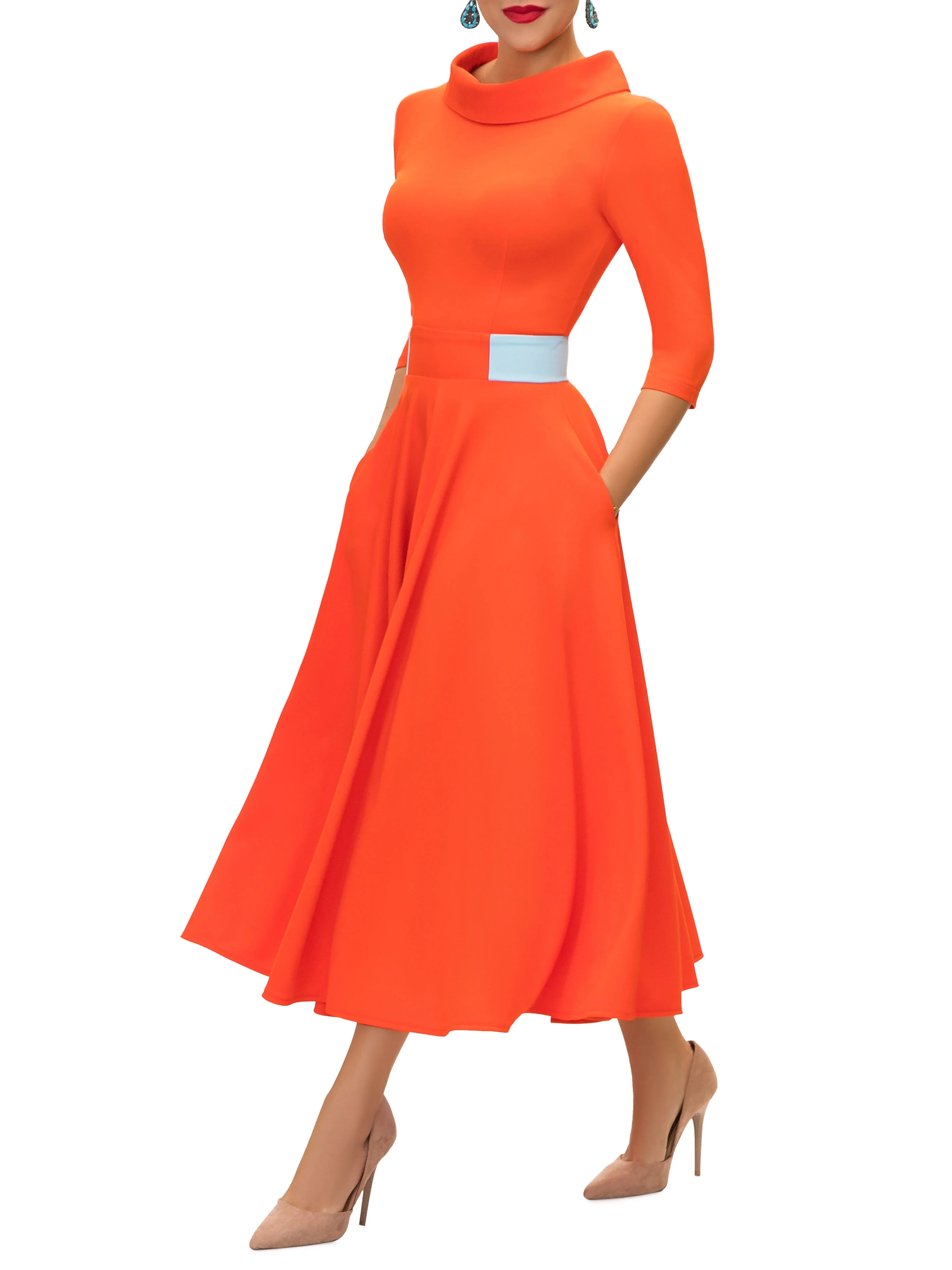 "Rosalyn" Orange/Blue Contrast Waist Swing Dress - Image 3