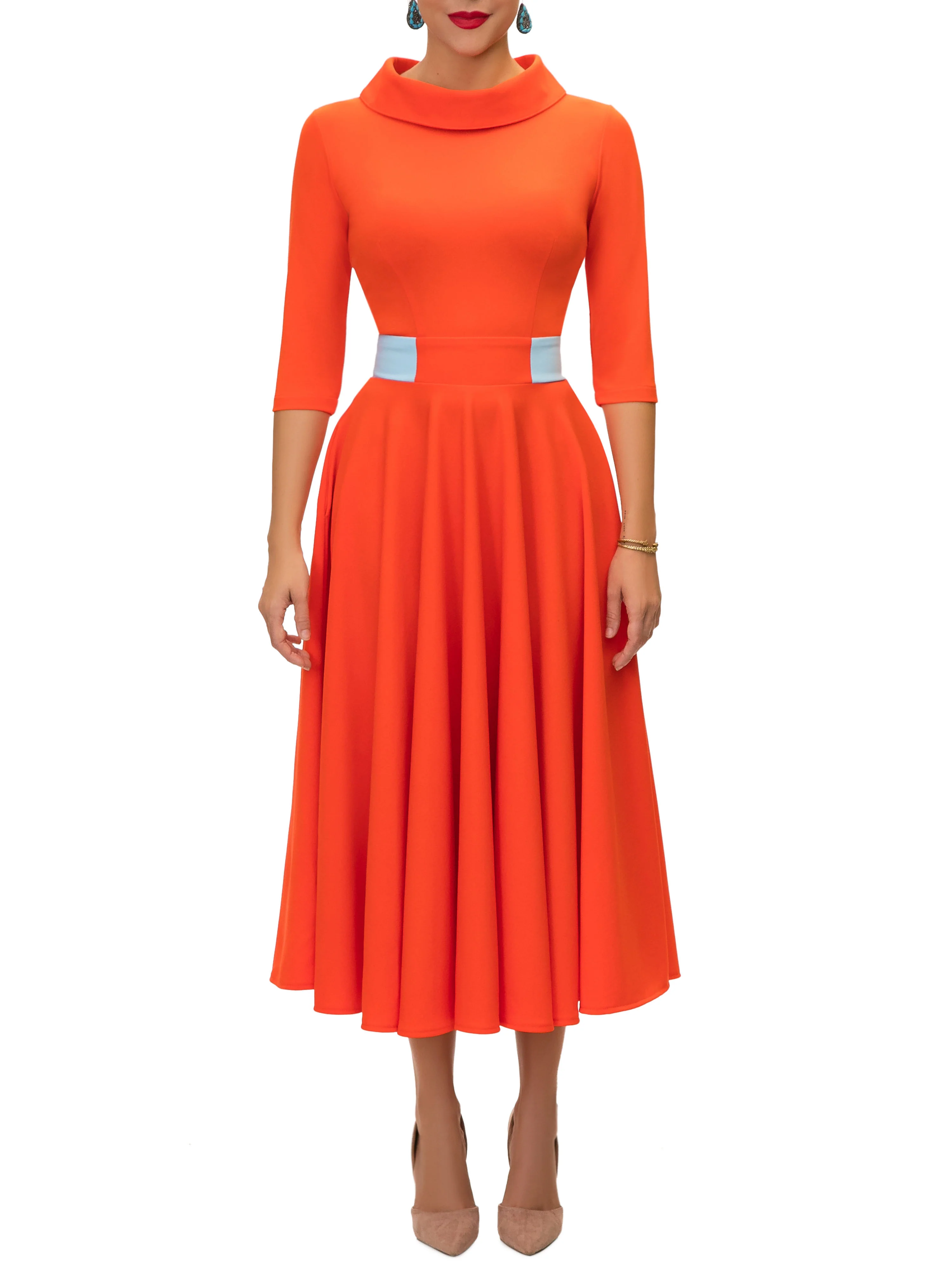 "Rosalyn" Orange/Blue Contrast Waist Swing Dress - Image 4