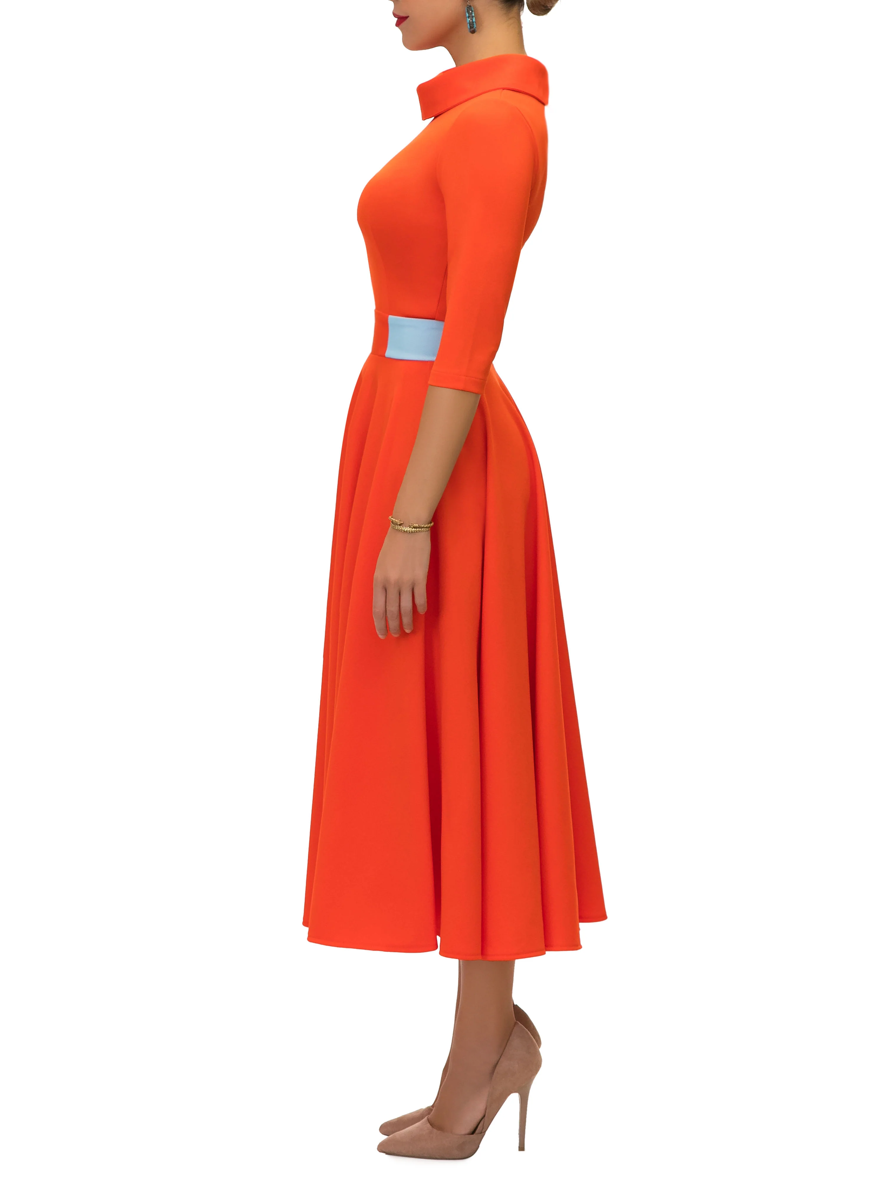 "Rosalyn" Orange/Blue Contrast Waist Swing Dress - Image 6