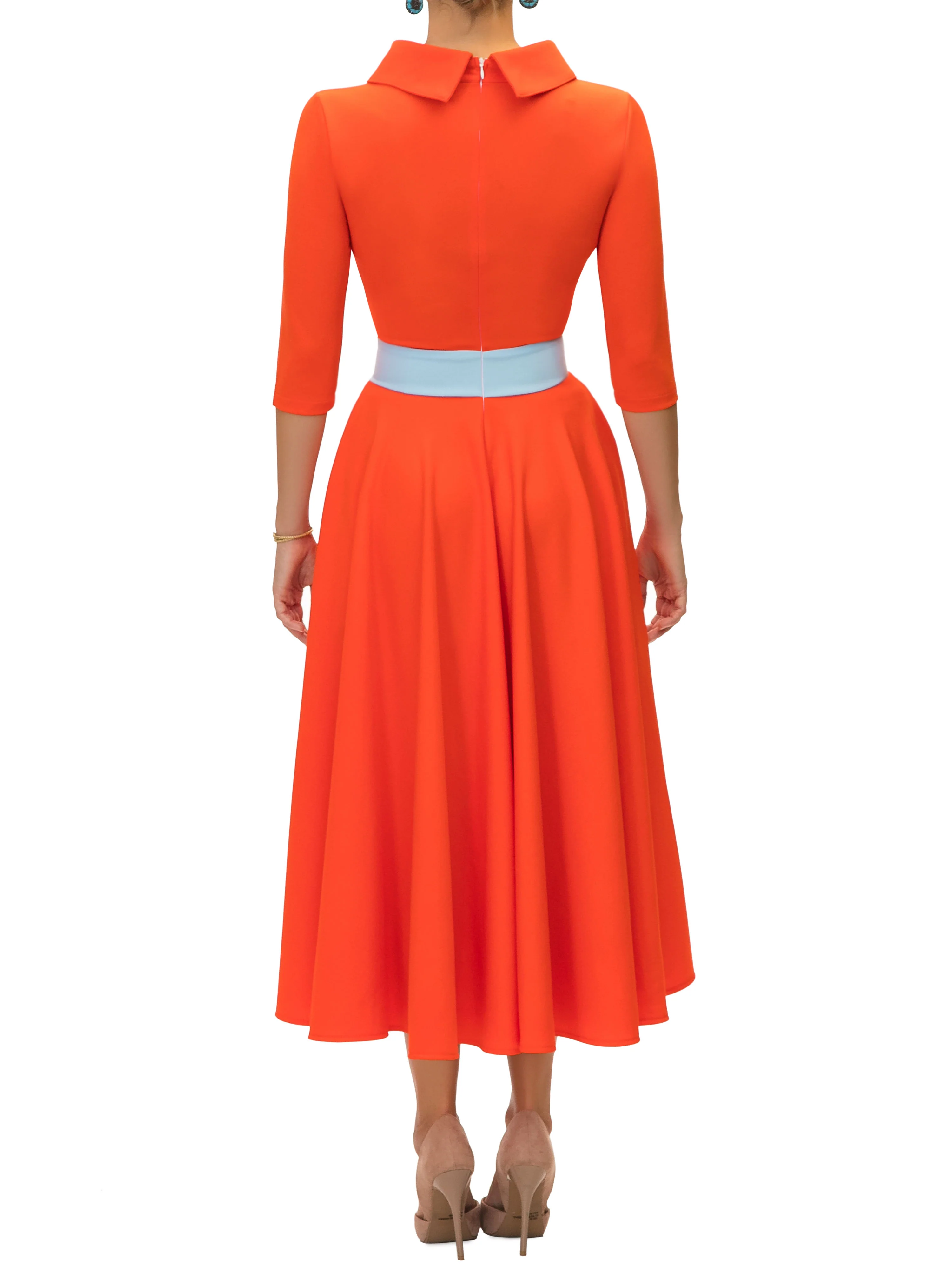"Rosalyn" Orange/Blue Contrast Waist Swing Dress - Image 7