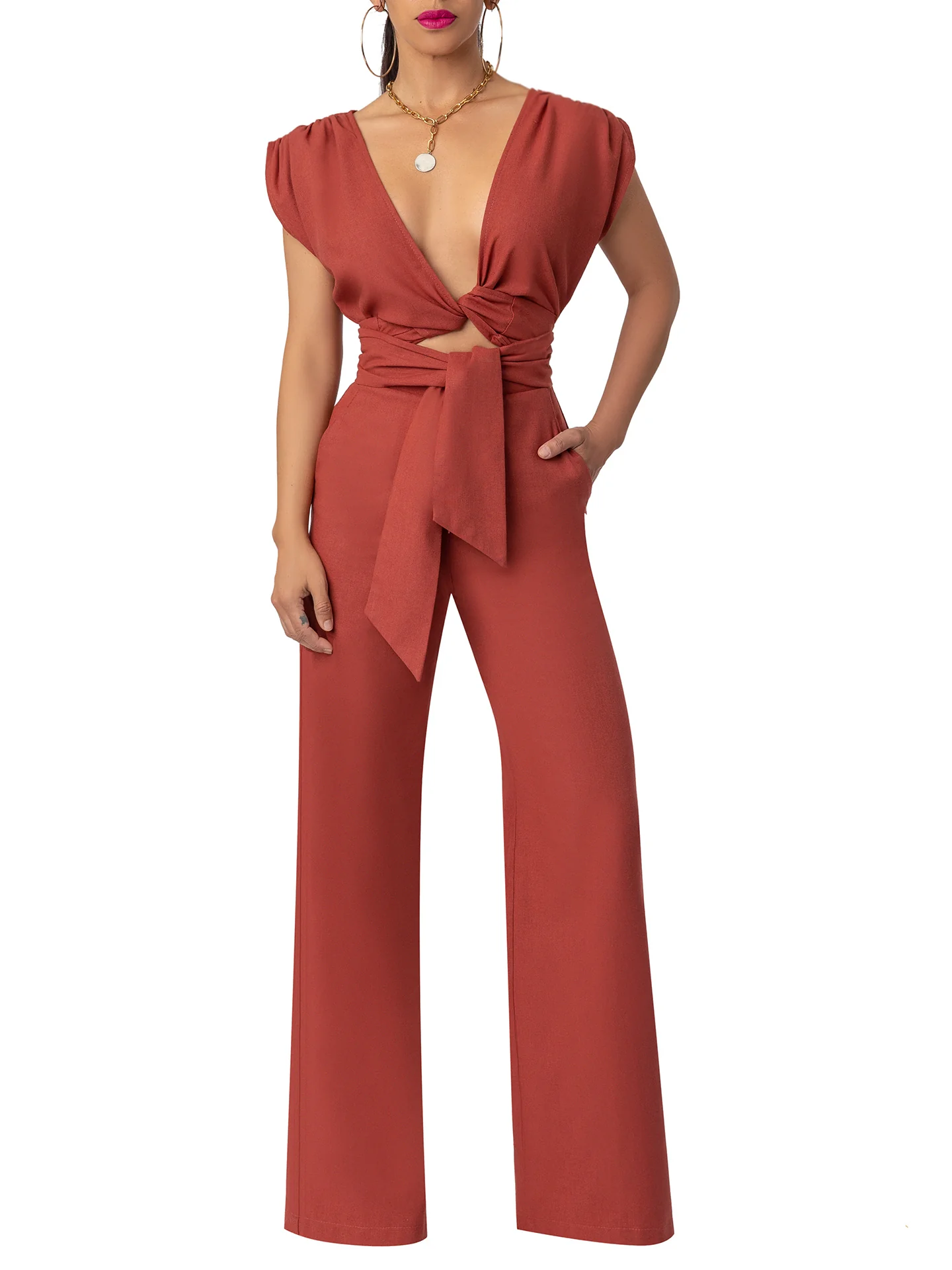 "Rosé" Rust Wrap Linen Jumpsuit - Image 3