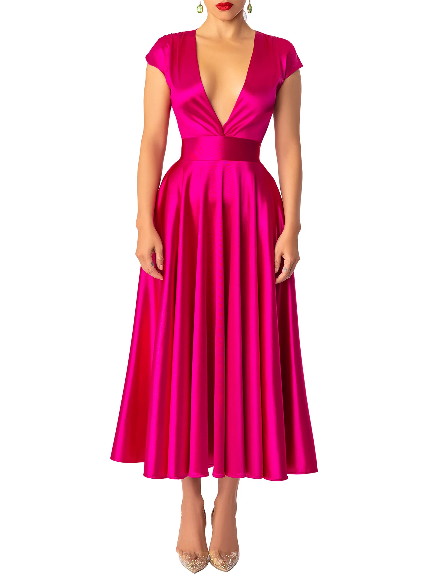 "Rubellite" Magenta V-Neck Midi Dress - Image 3