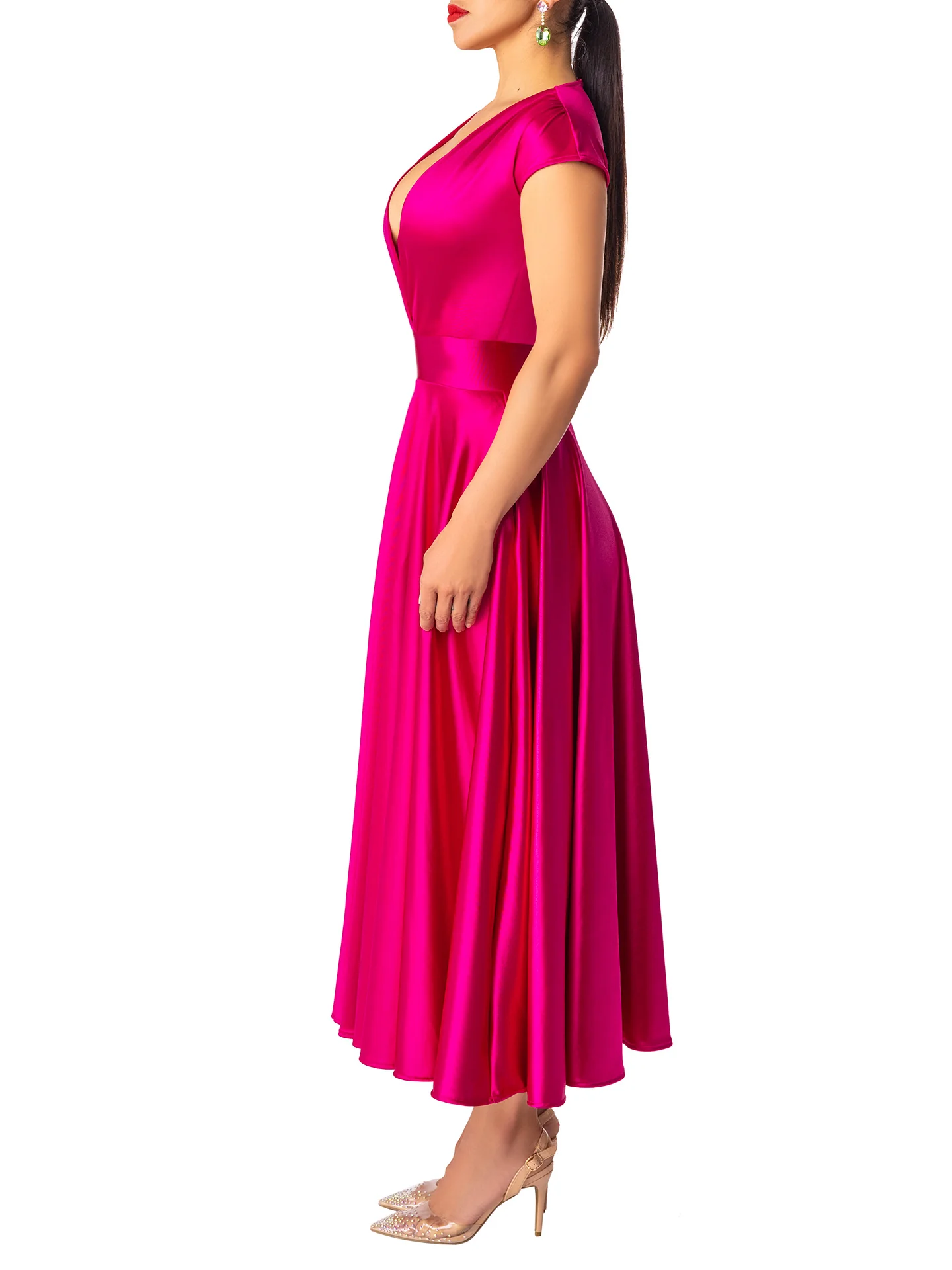 "Rubellite" Magenta V-Neck Midi Dress - Image 4