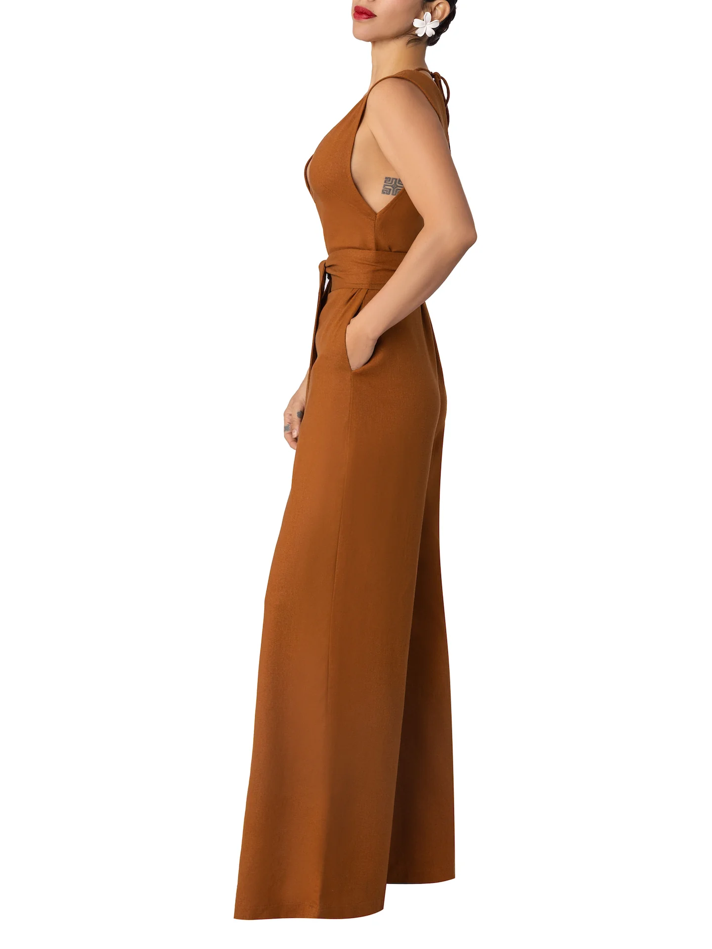 “Rue” Cognac Linen Jumpsuit - Image 3