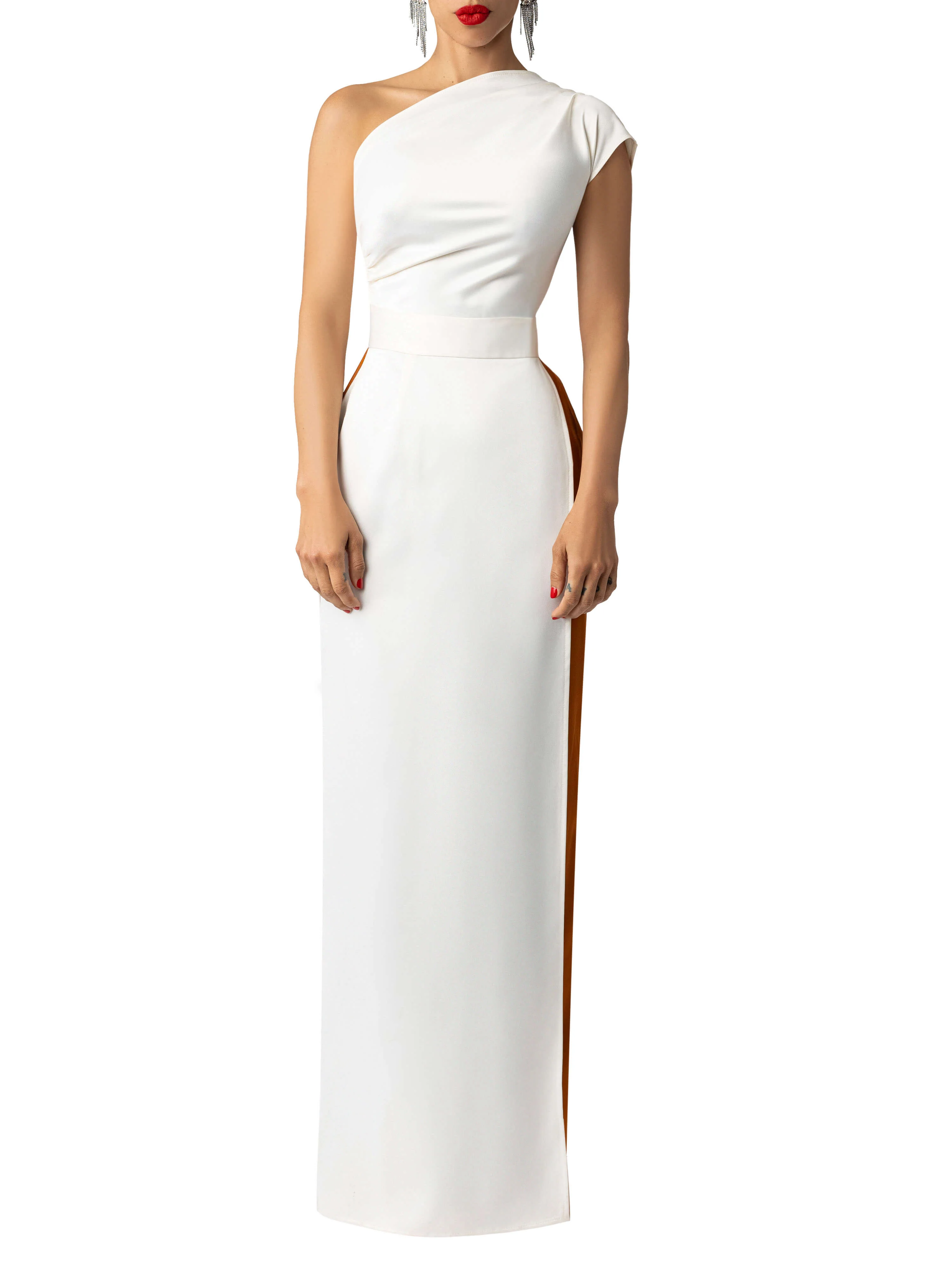 "Sade" Ivory/Cognac One Shoulder Dress - Image 4