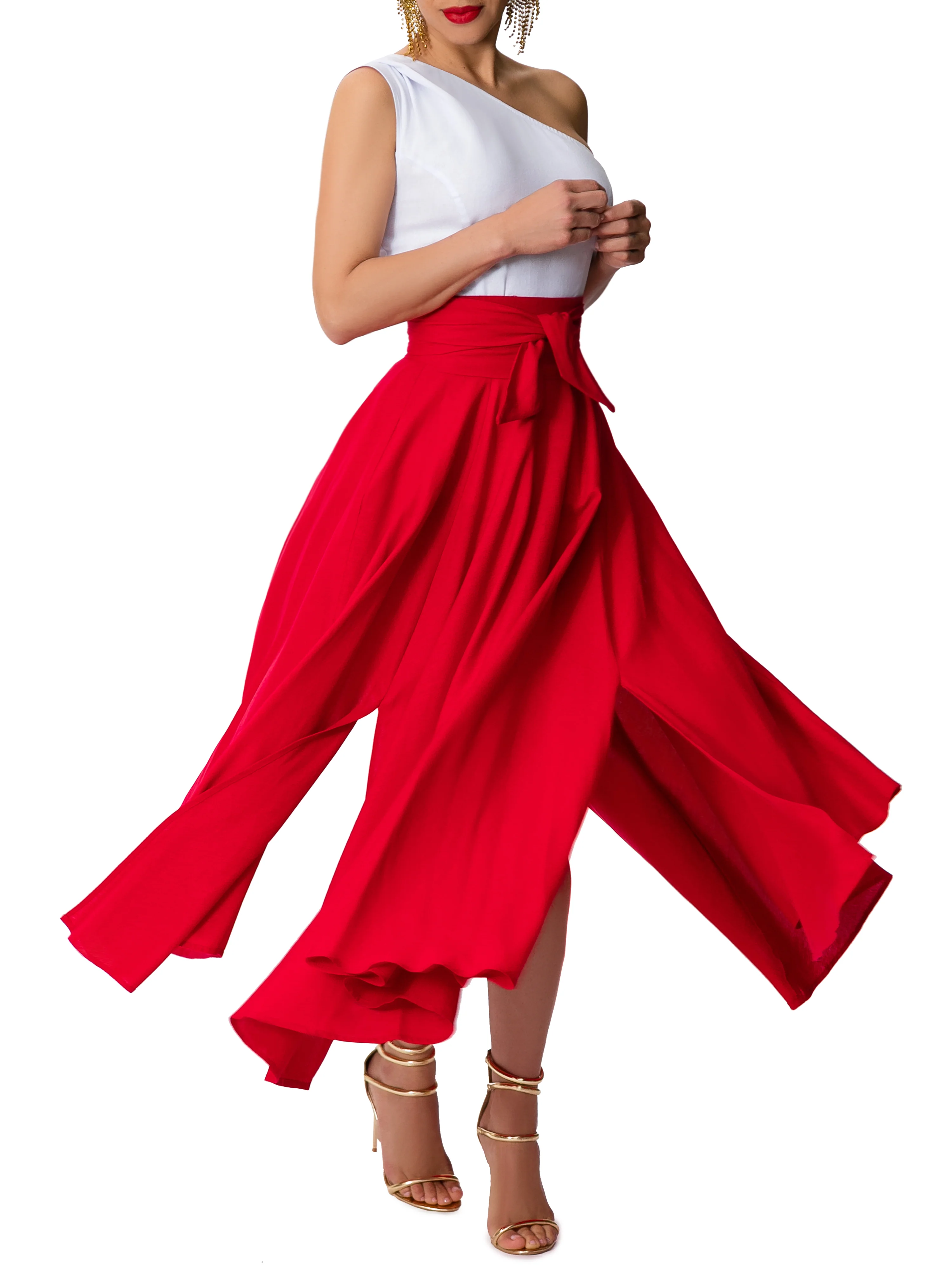 "San Fran" Red Belted Midi Skirt - Image 3