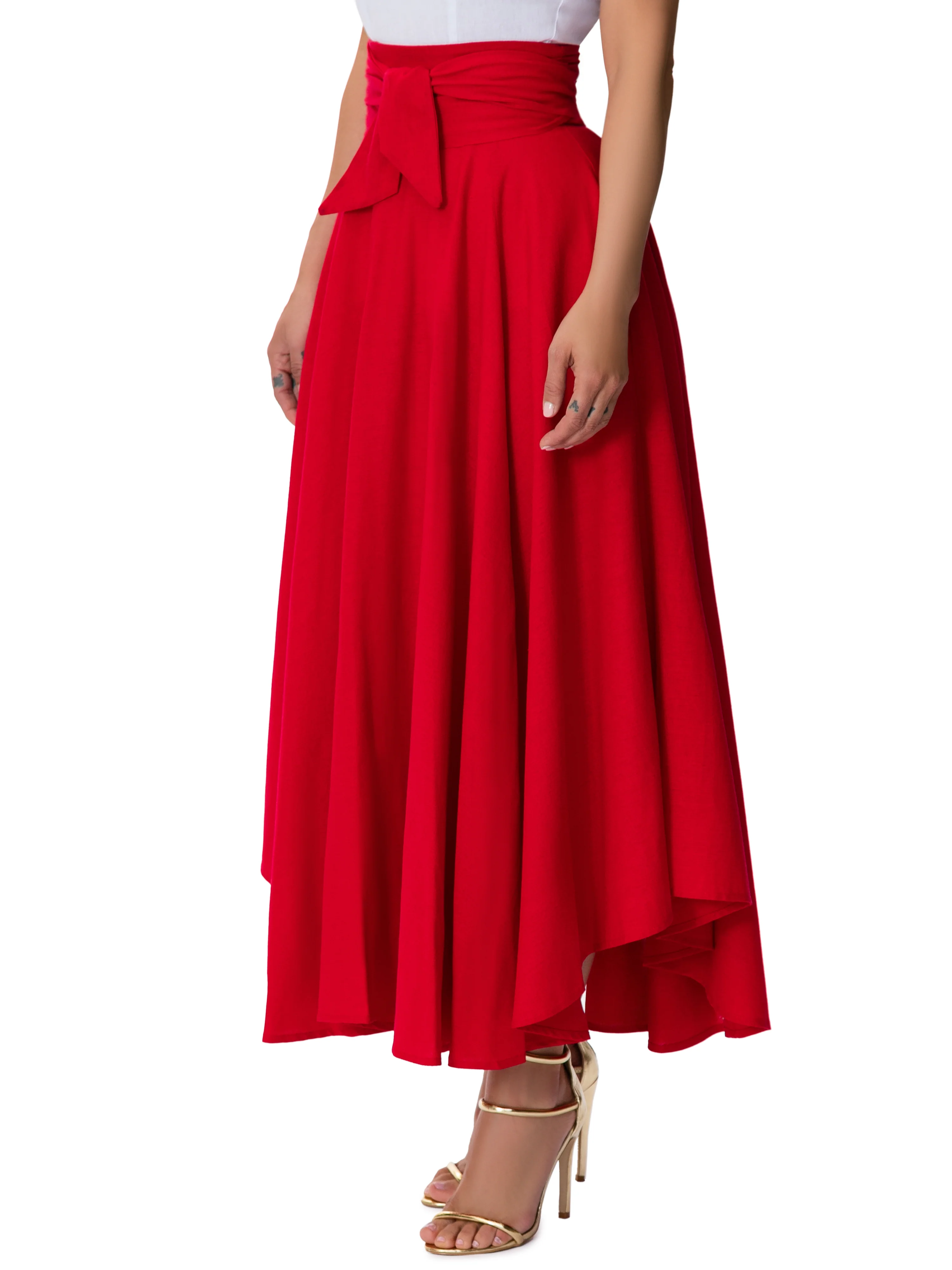 "San Fran" Red Belted Midi Skirt - Image 5