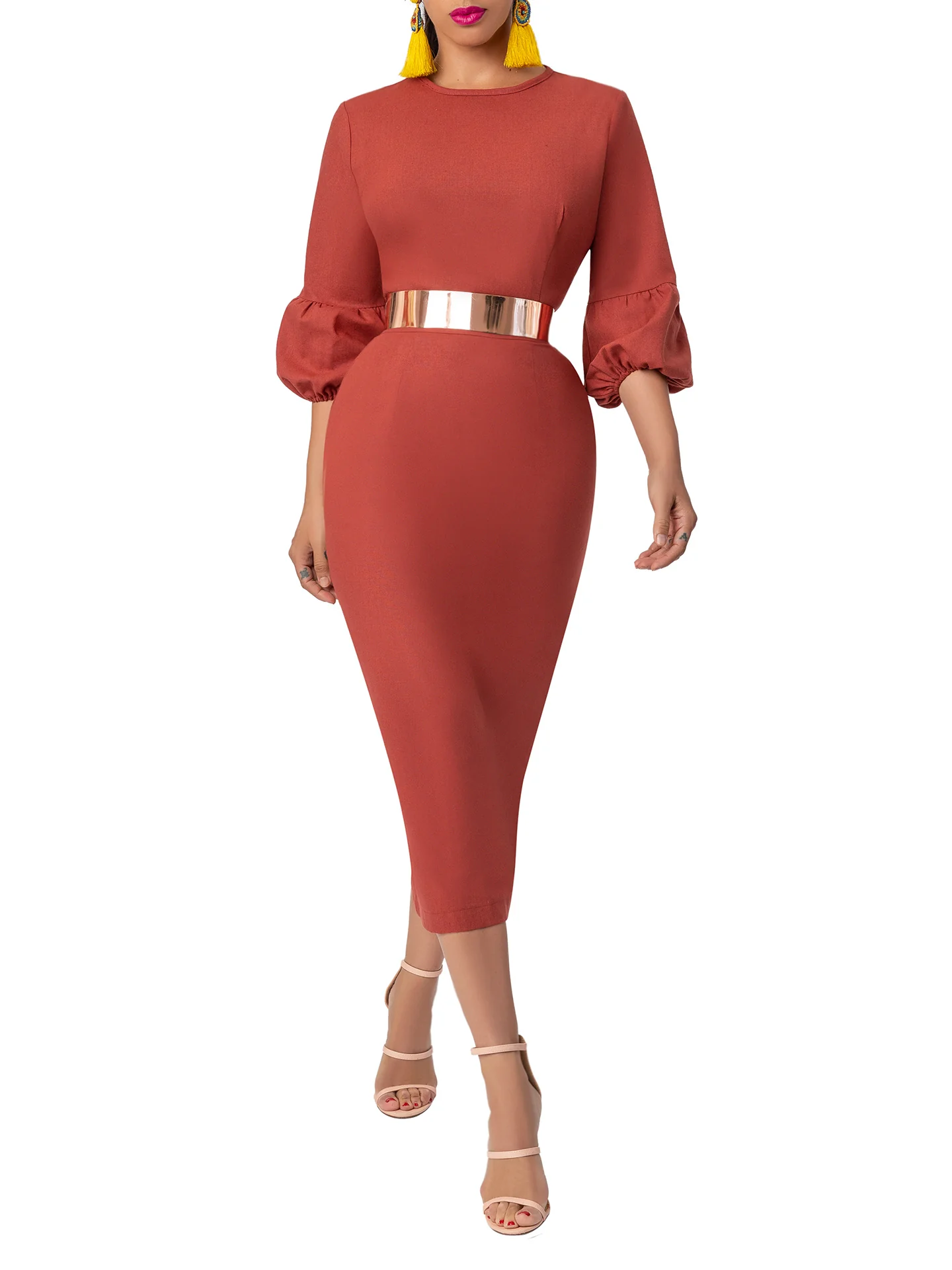 "Sangria" Rust Bishop Sleeve Dress