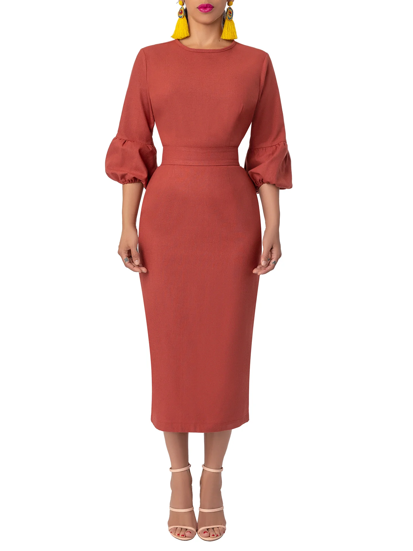 "Sangria" Rust Bishop Sleeve Dress - Image 3