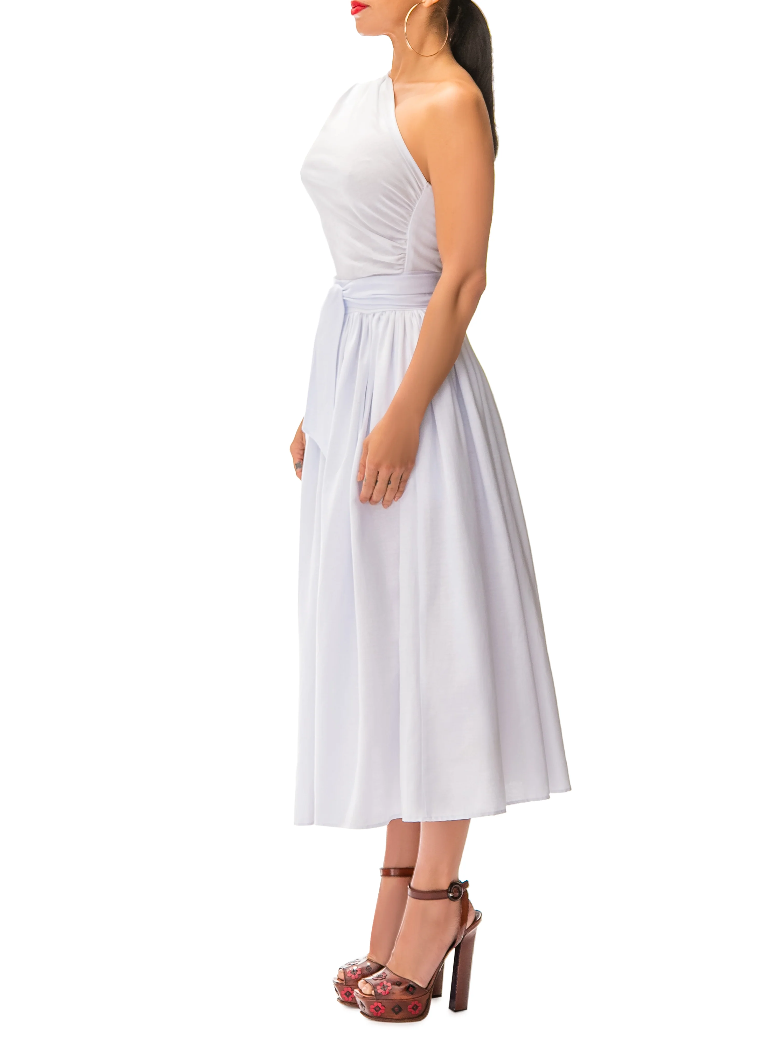 "Santa Cruz" White One Shoulder Midi Dress - Image 4