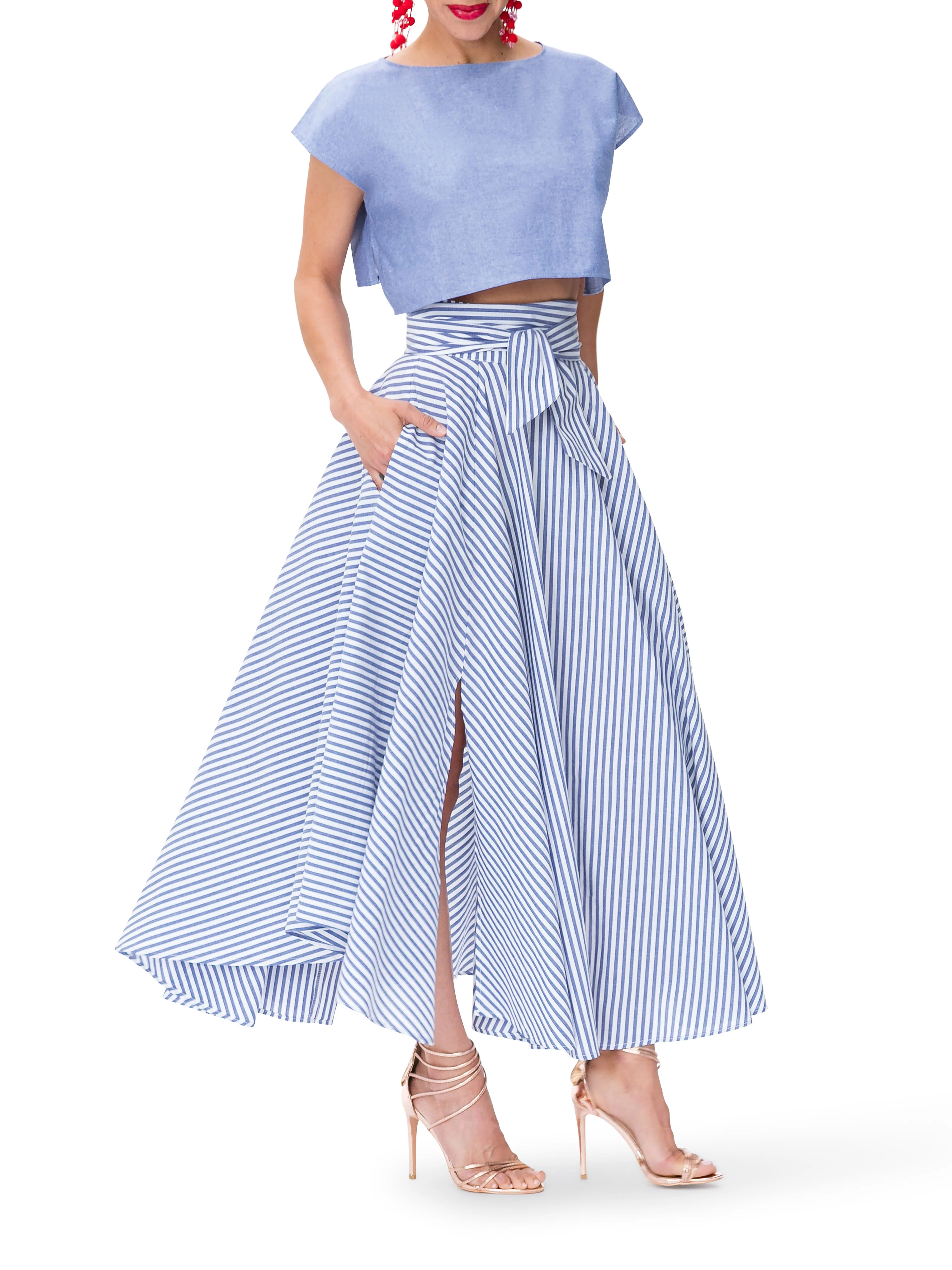 "Santorini" Striped Belted Midi Skirt - Image 3