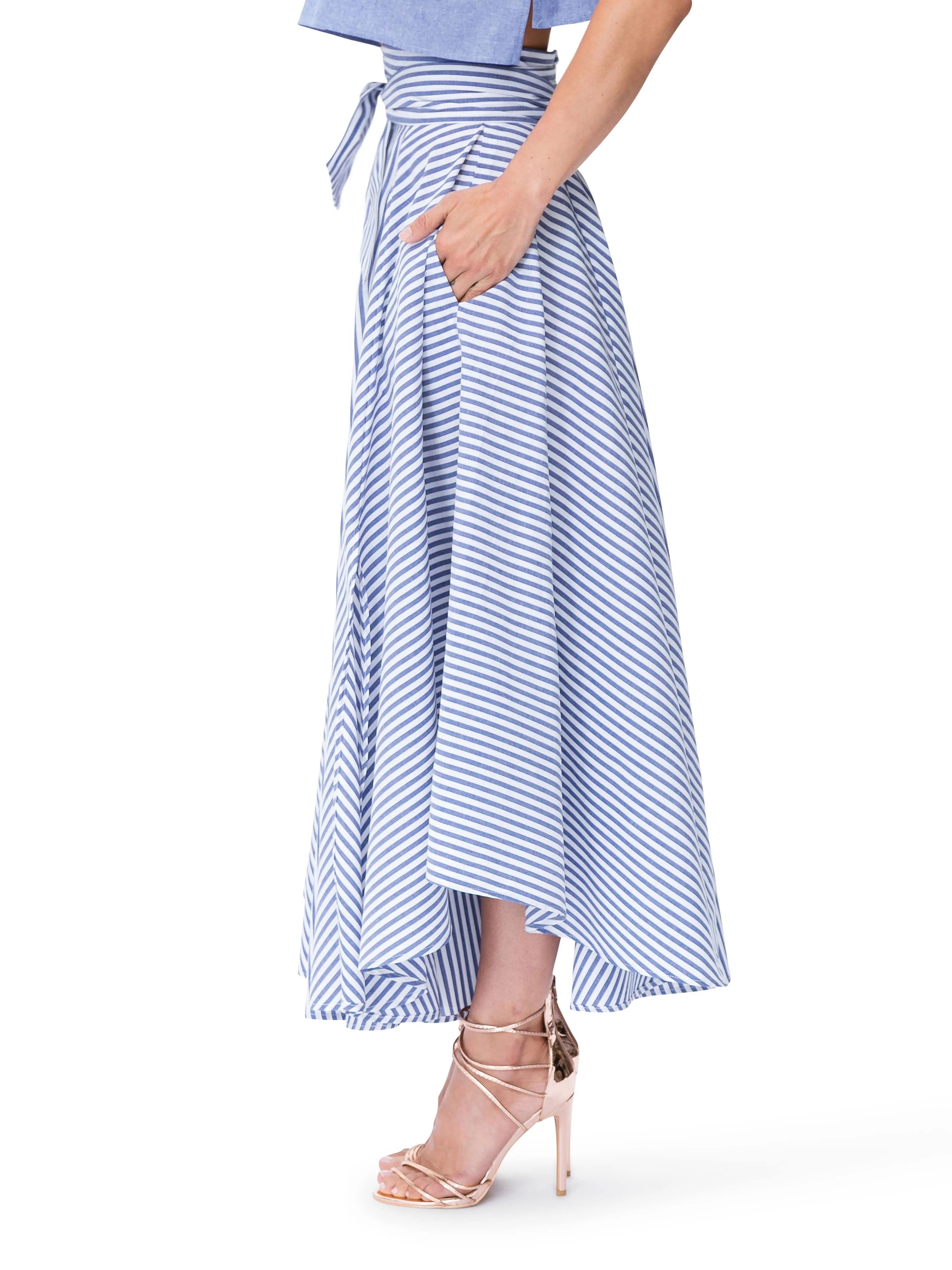 "Santorini" Striped Belted Midi Skirt - Image 5