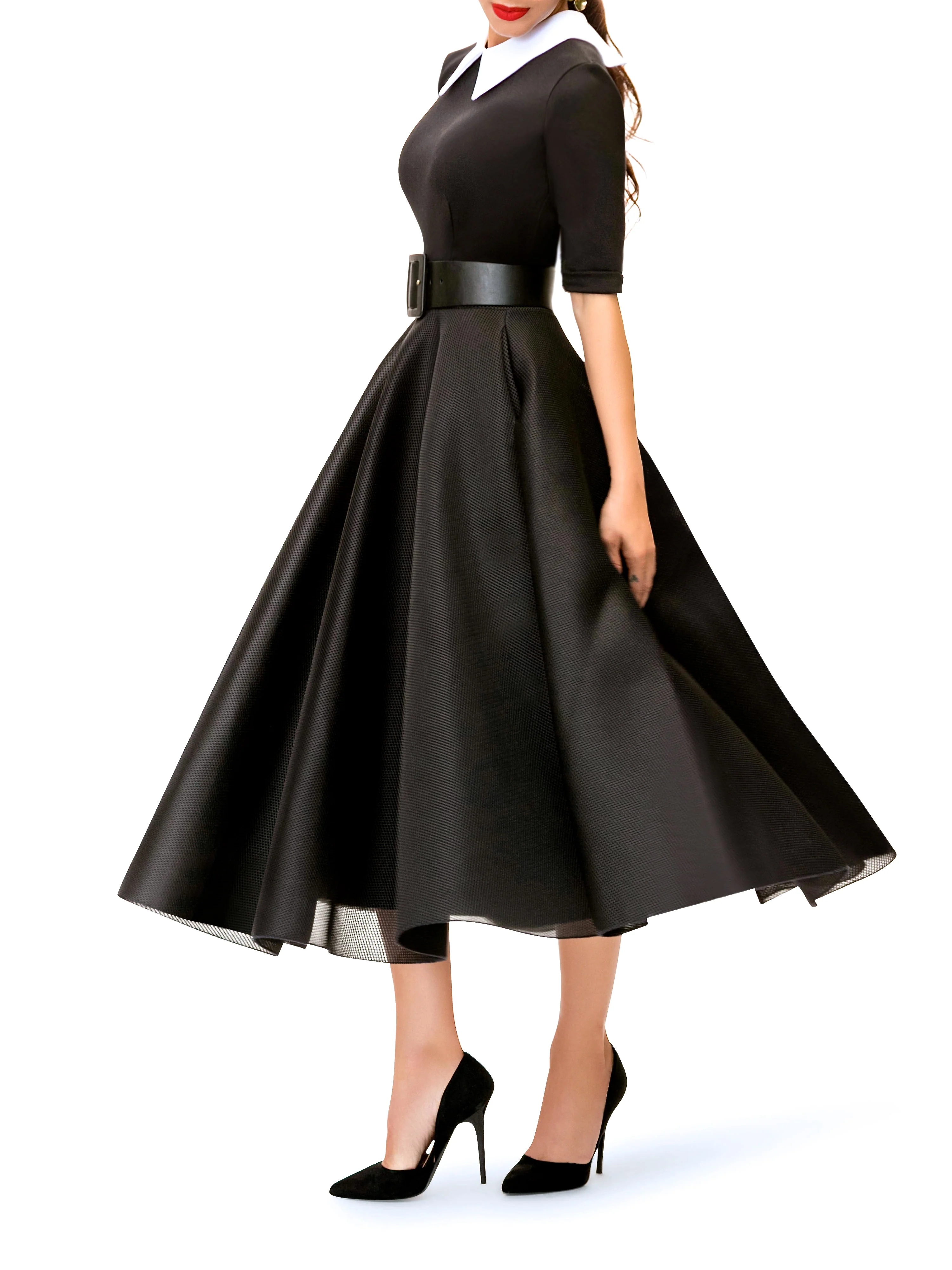 "Cecily" Black and White Contrast 50s Midi Dress - Image 2
