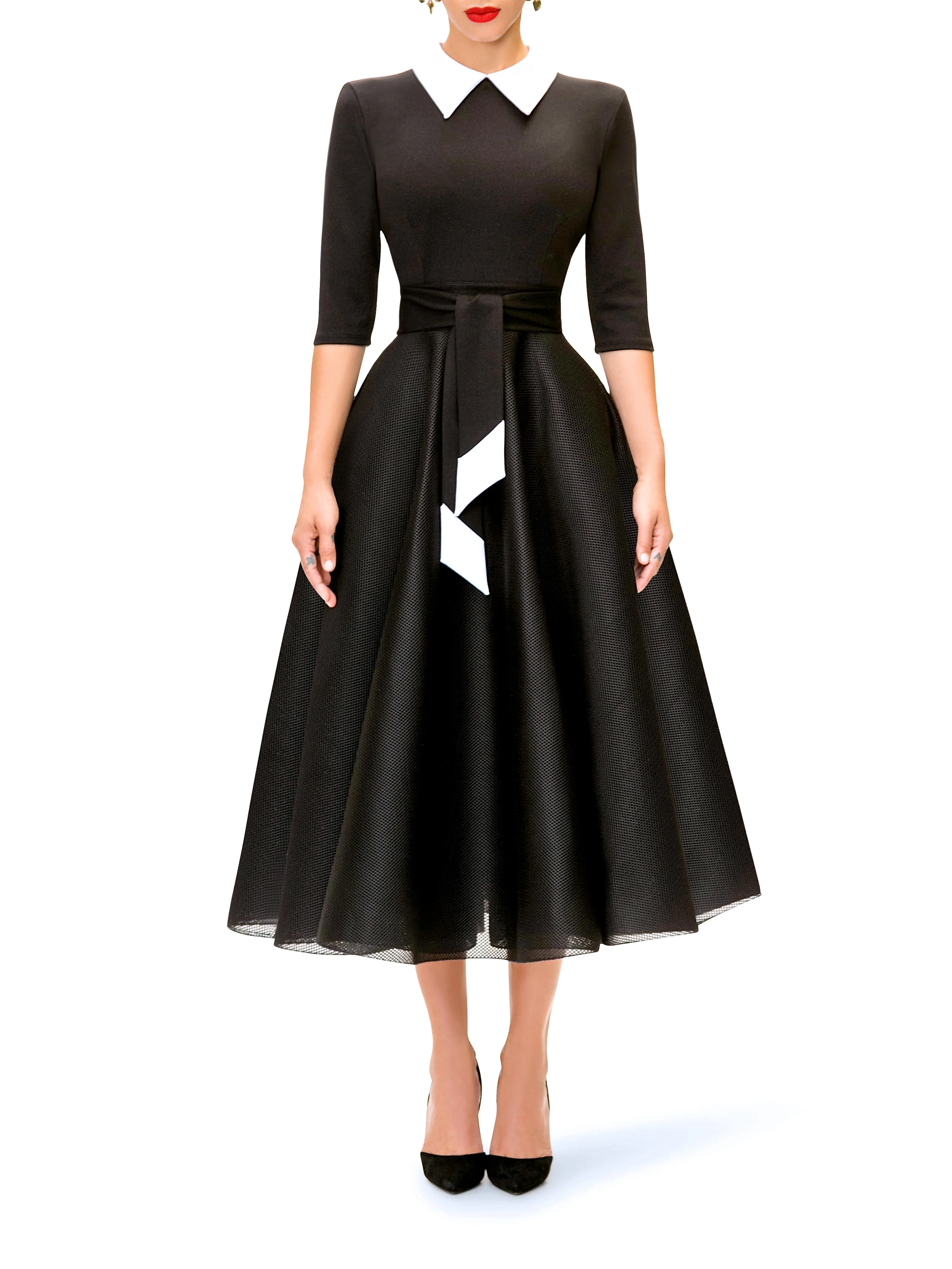 "Cecily" Black and White Contrast 50s Midi Dress - Image 3