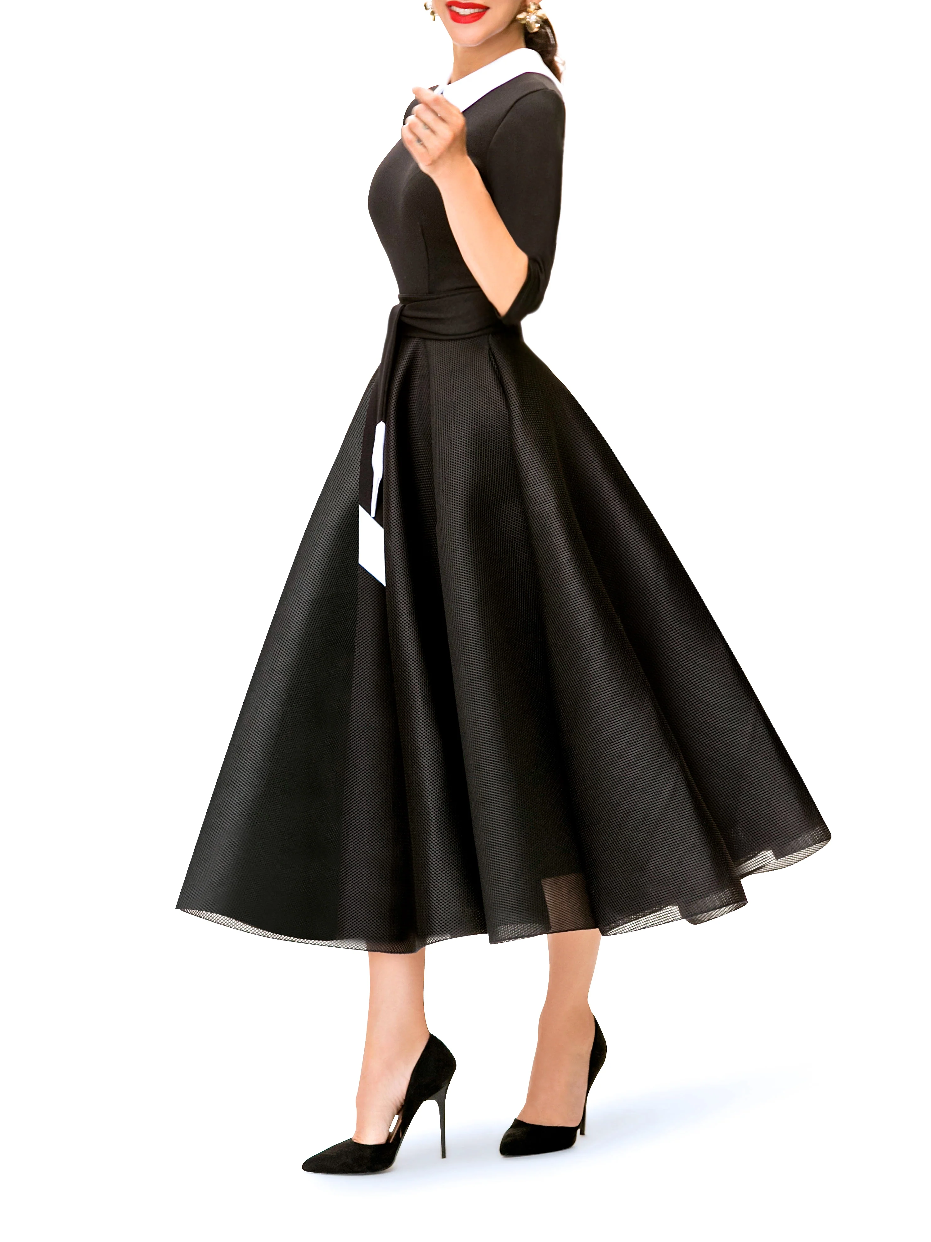 "Cecily" Black and White Contrast 50s Midi Dress - Image 6