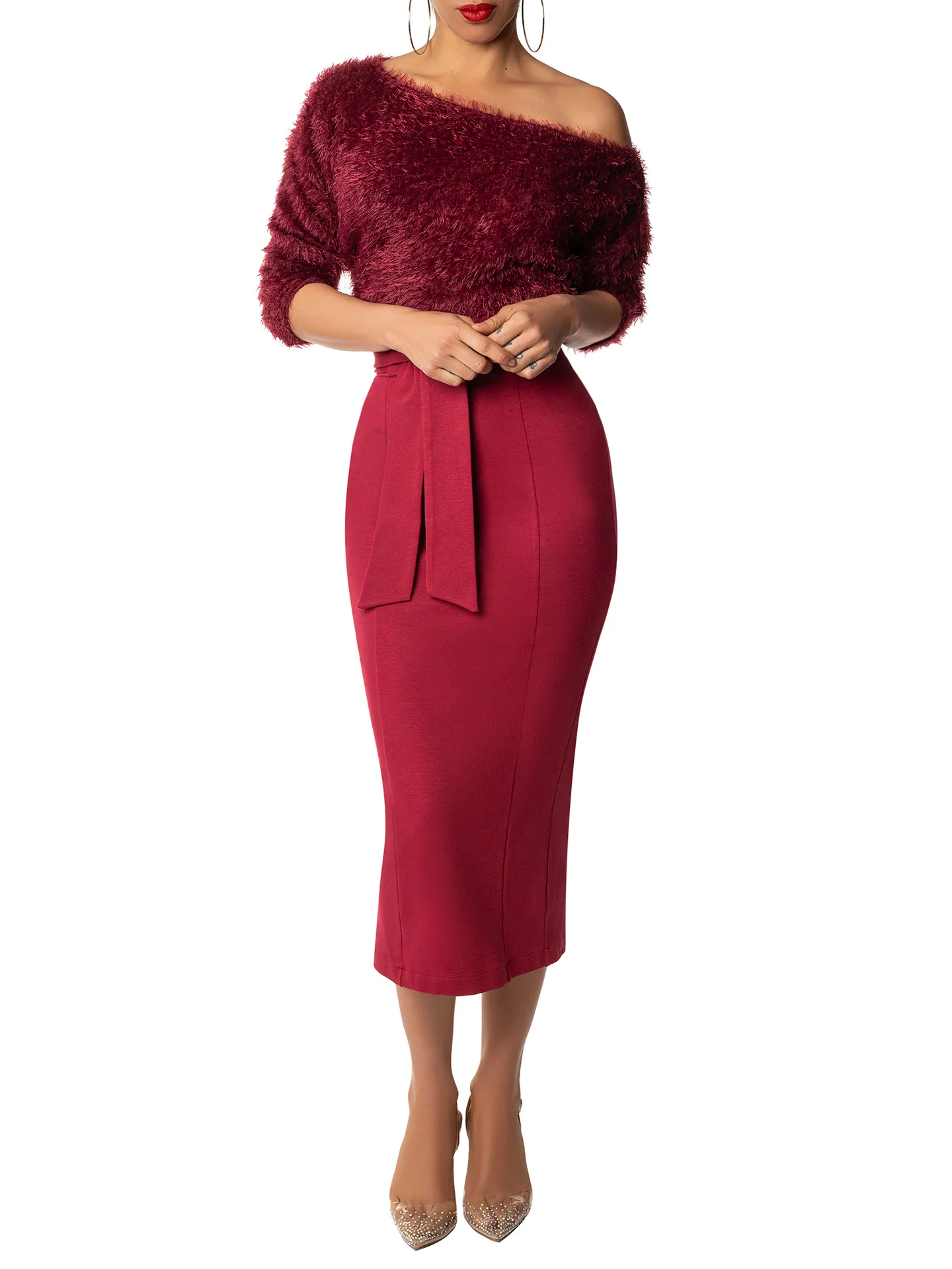 "Selma" Burgundy Shaggy Off Shoulder Sweater - Image 2