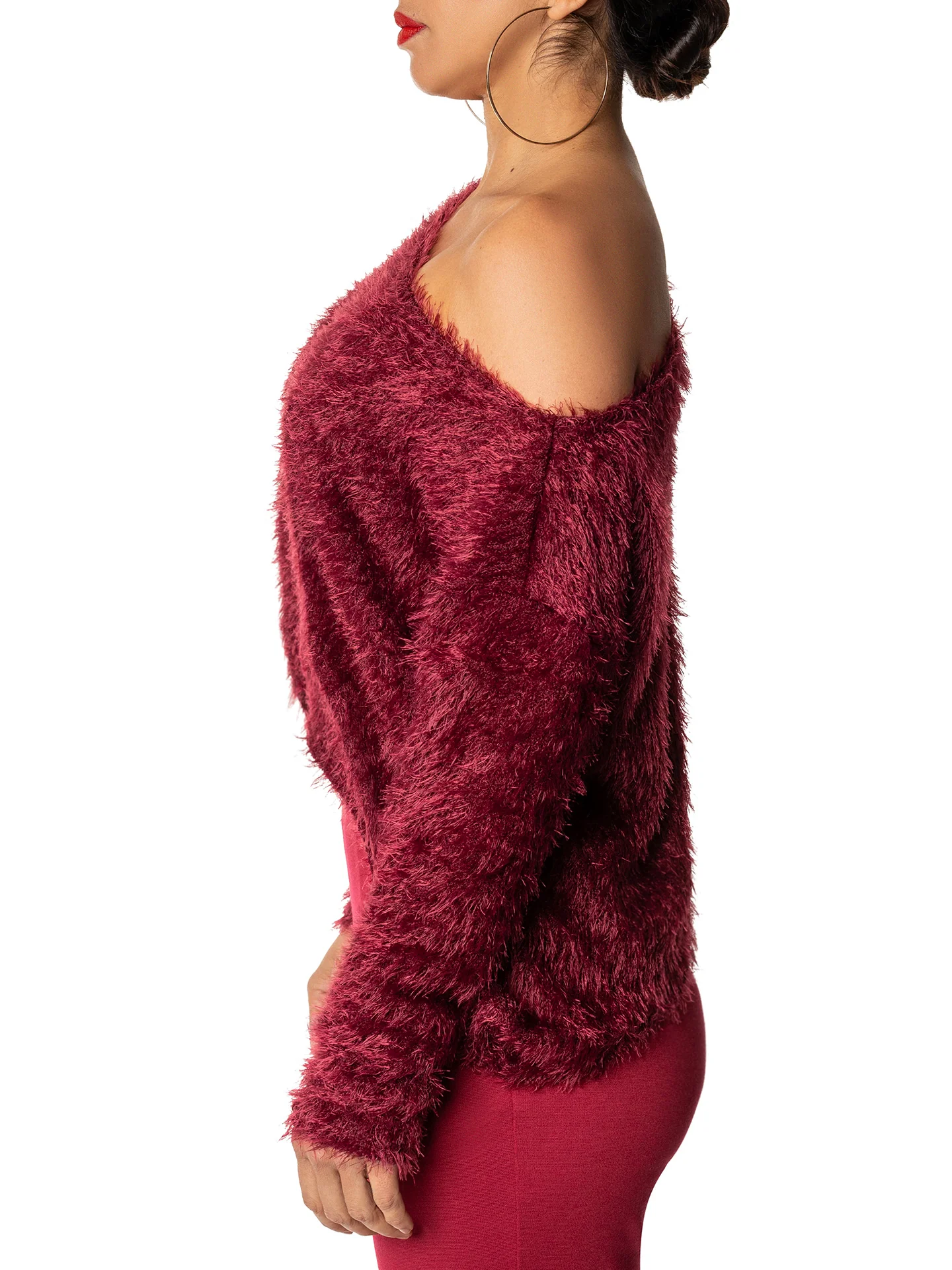"Selma" Burgundy Shaggy Off Shoulder Sweater - Image 4