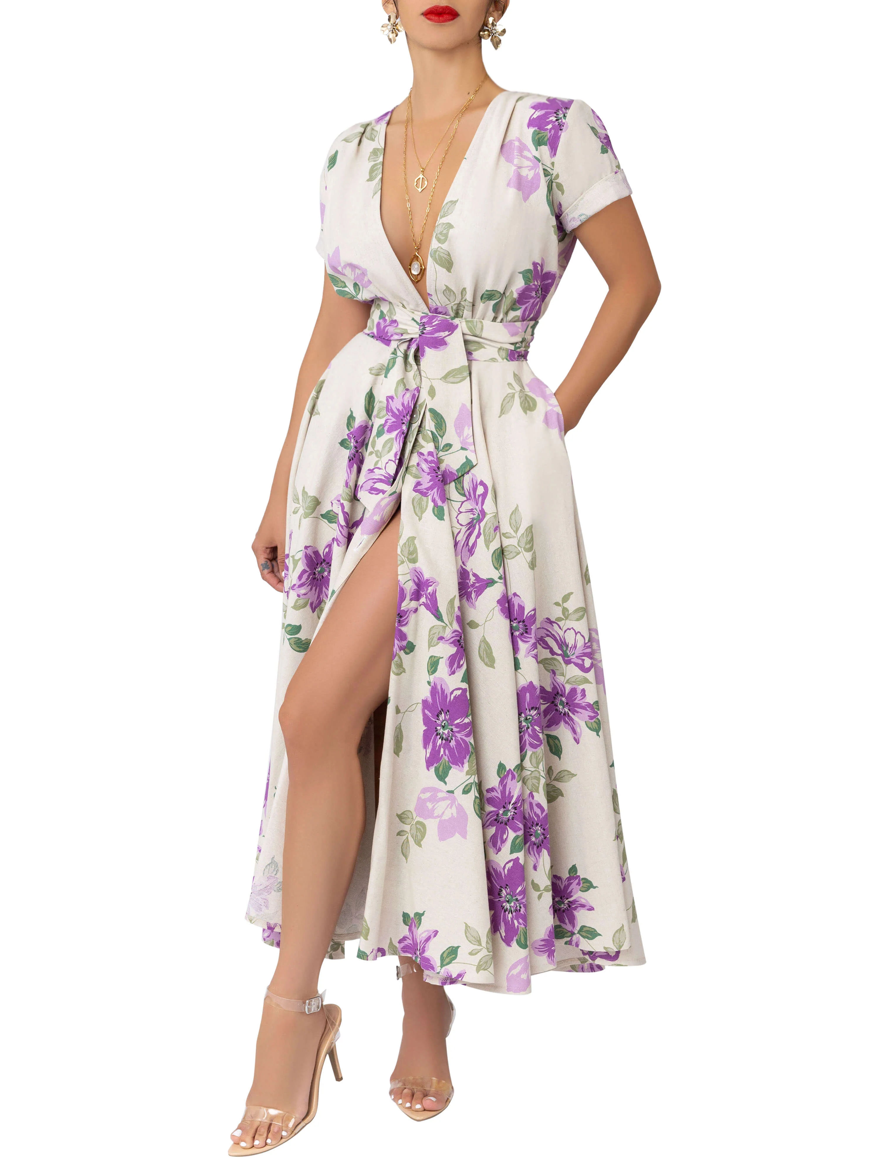 "Shirley" Lilac Floral Gathered Midi Dress